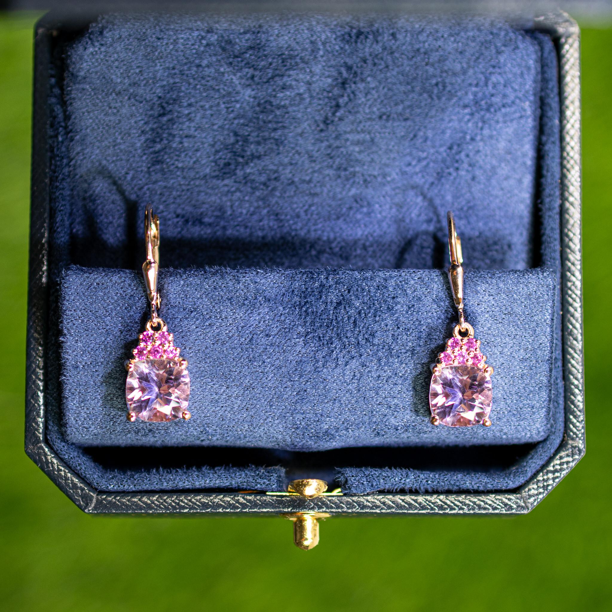 Contemporary Pink Amethyst Dangle Earrings With Rhodolite Garnets 4.90 Carats 18K Plated For Sale