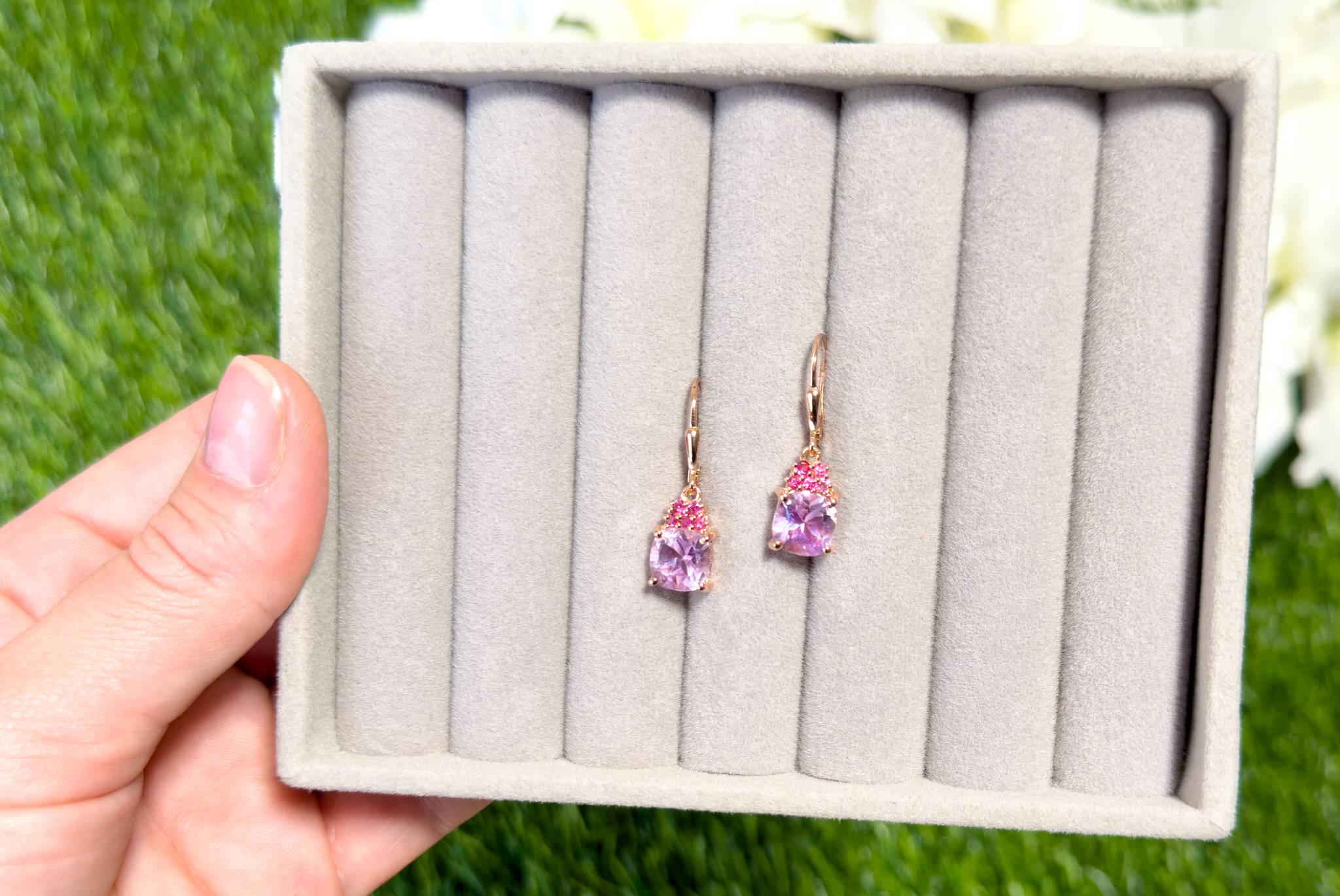 Mixed Cut Pink Amethyst Dangle Earrings With Rhodolite Garnets 4.90 Carats 18K Plated