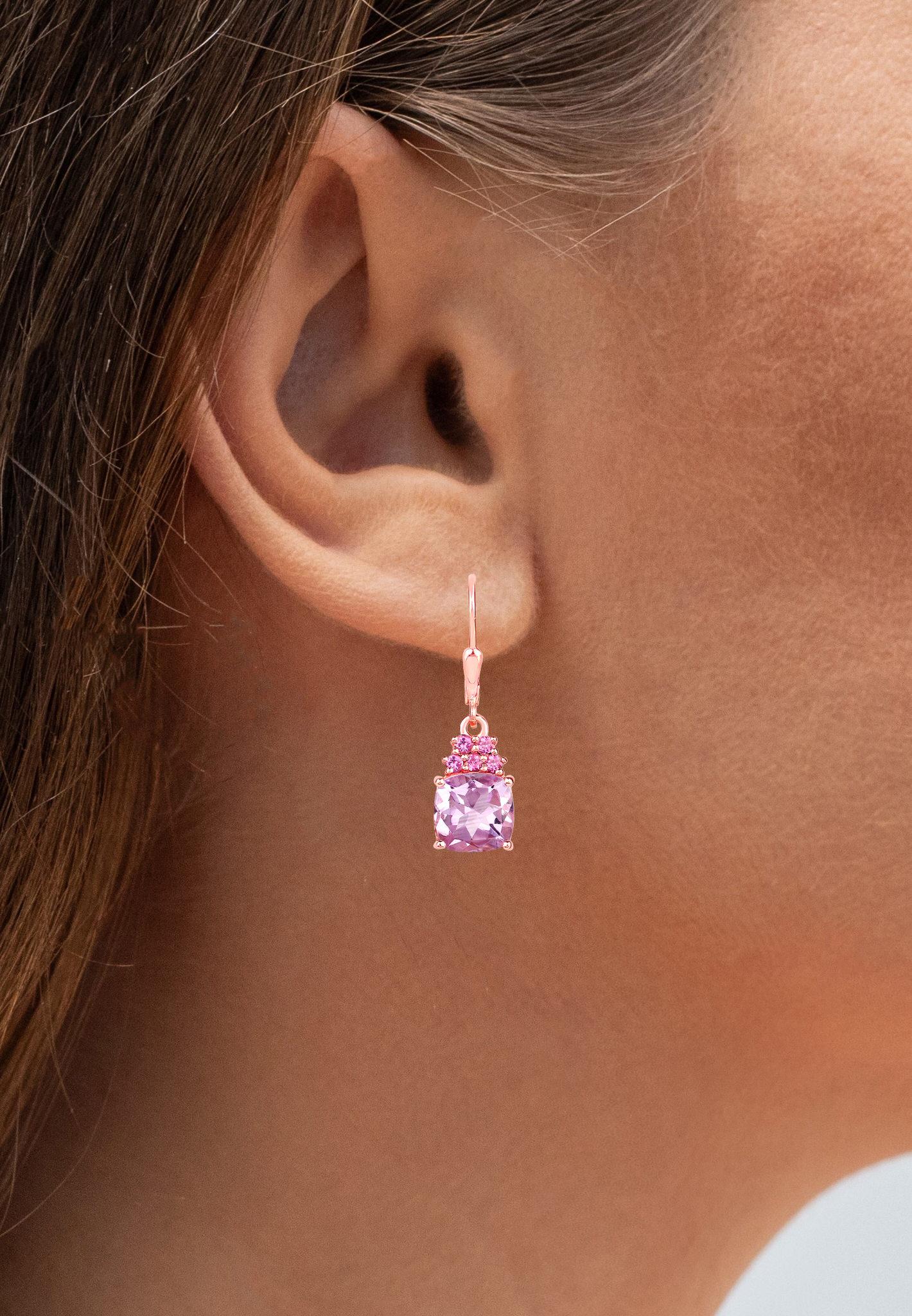 Mixed Cut Pink Amethyst Dangle Earrings With Rhodolite Garnets 4.90 Carats 18K Plated For Sale
