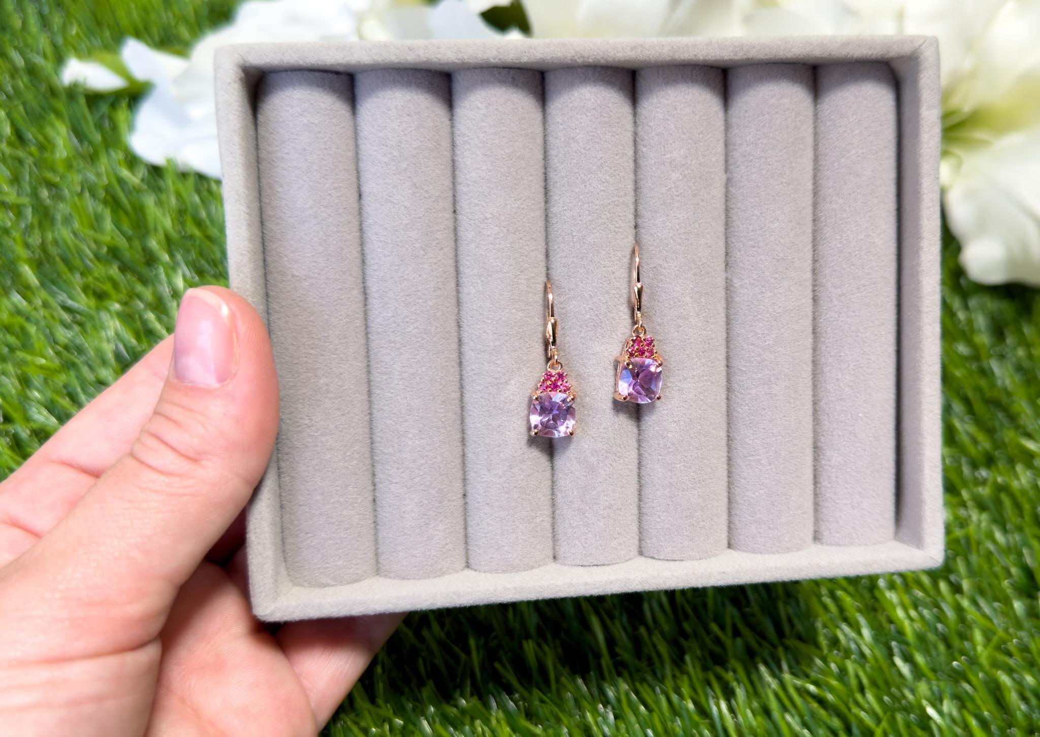 Pink Amethyst Dangle Earrings With Rhodolite Garnets 4.90 Carats 18K Plated In Excellent Condition For Sale In Laguna Niguel, CA