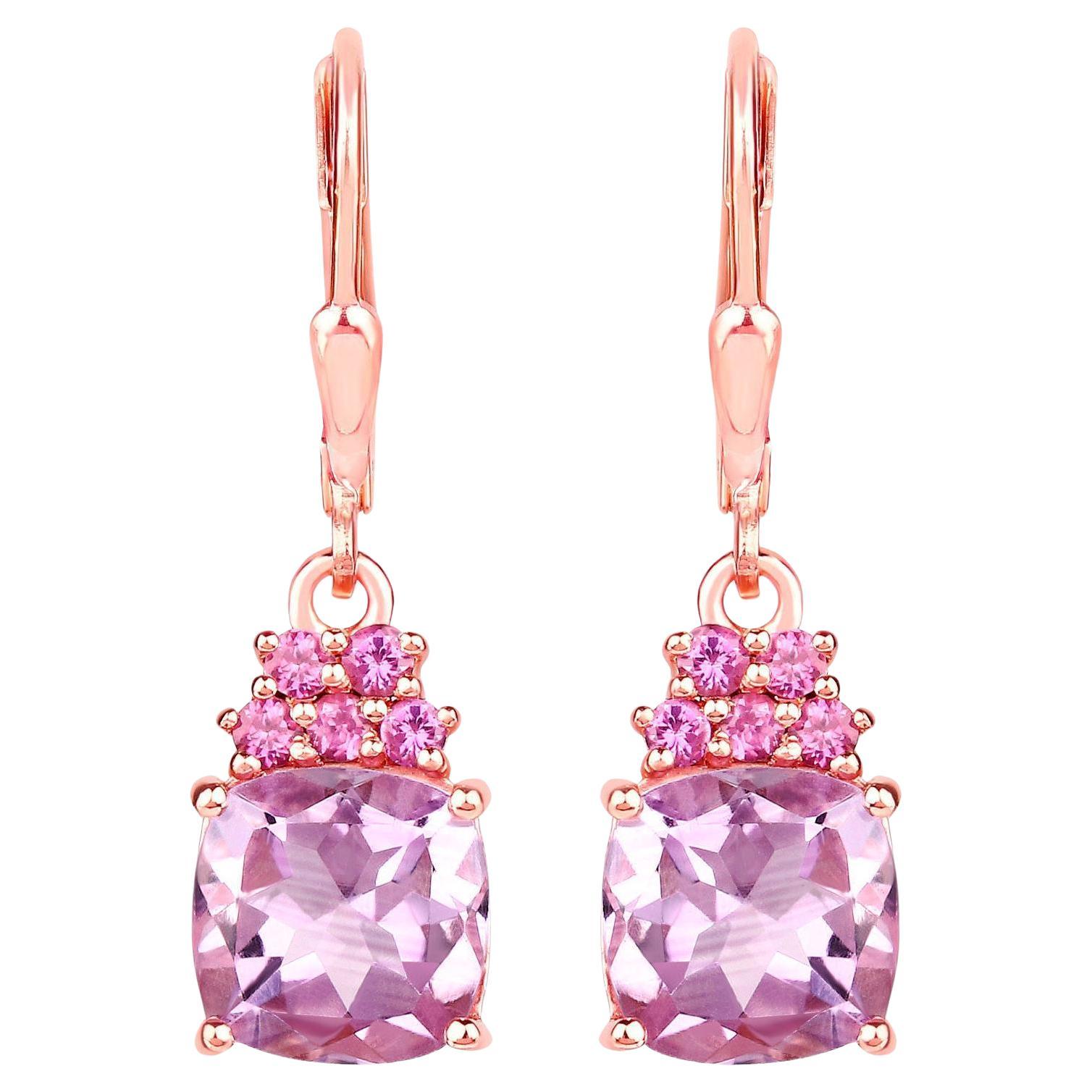 Pink Amethyst Dangle Earrings With Rhodolite Garnets 4.90 Carats 18K Plated For Sale