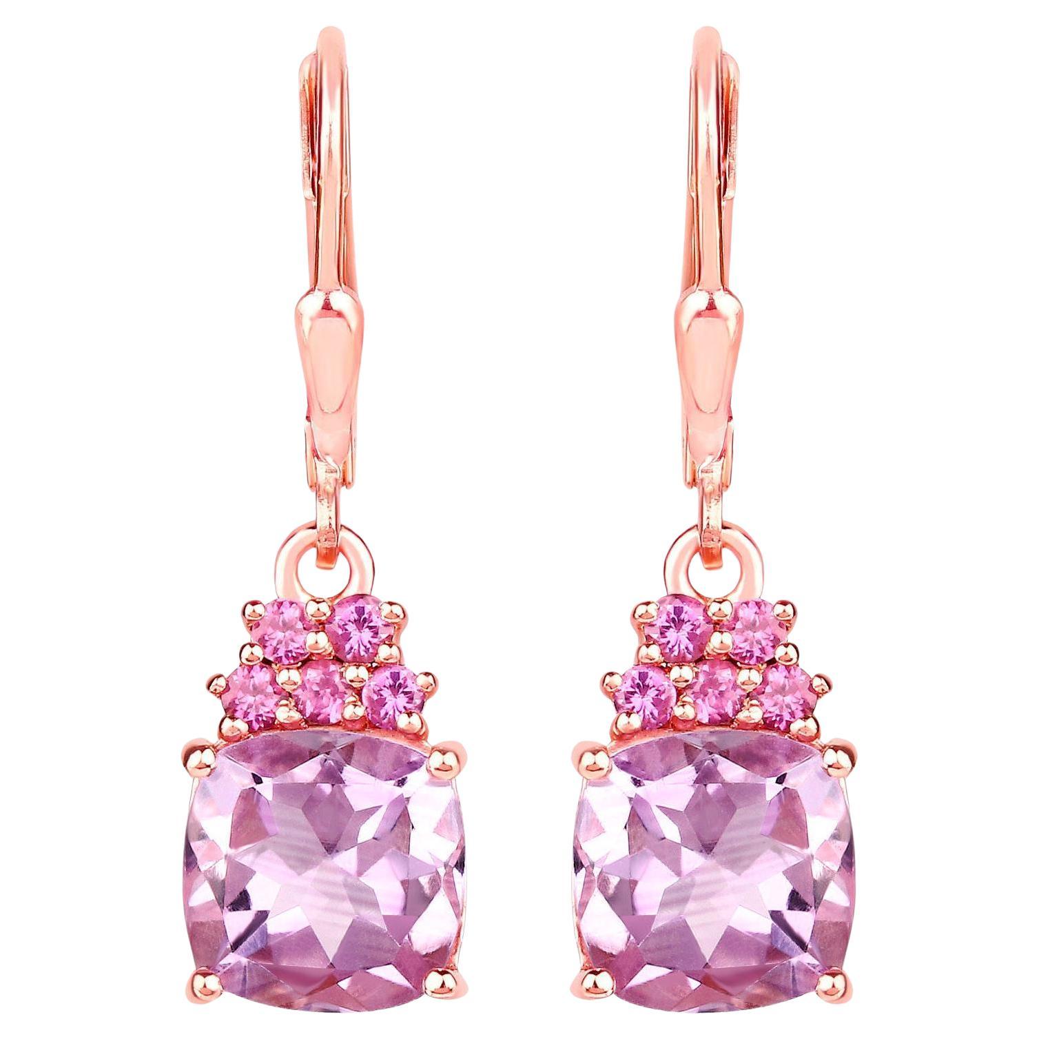 Pink Amethyst Dangle Earrings With Rhodolite Garnets 4.90 Carats 18K Plated