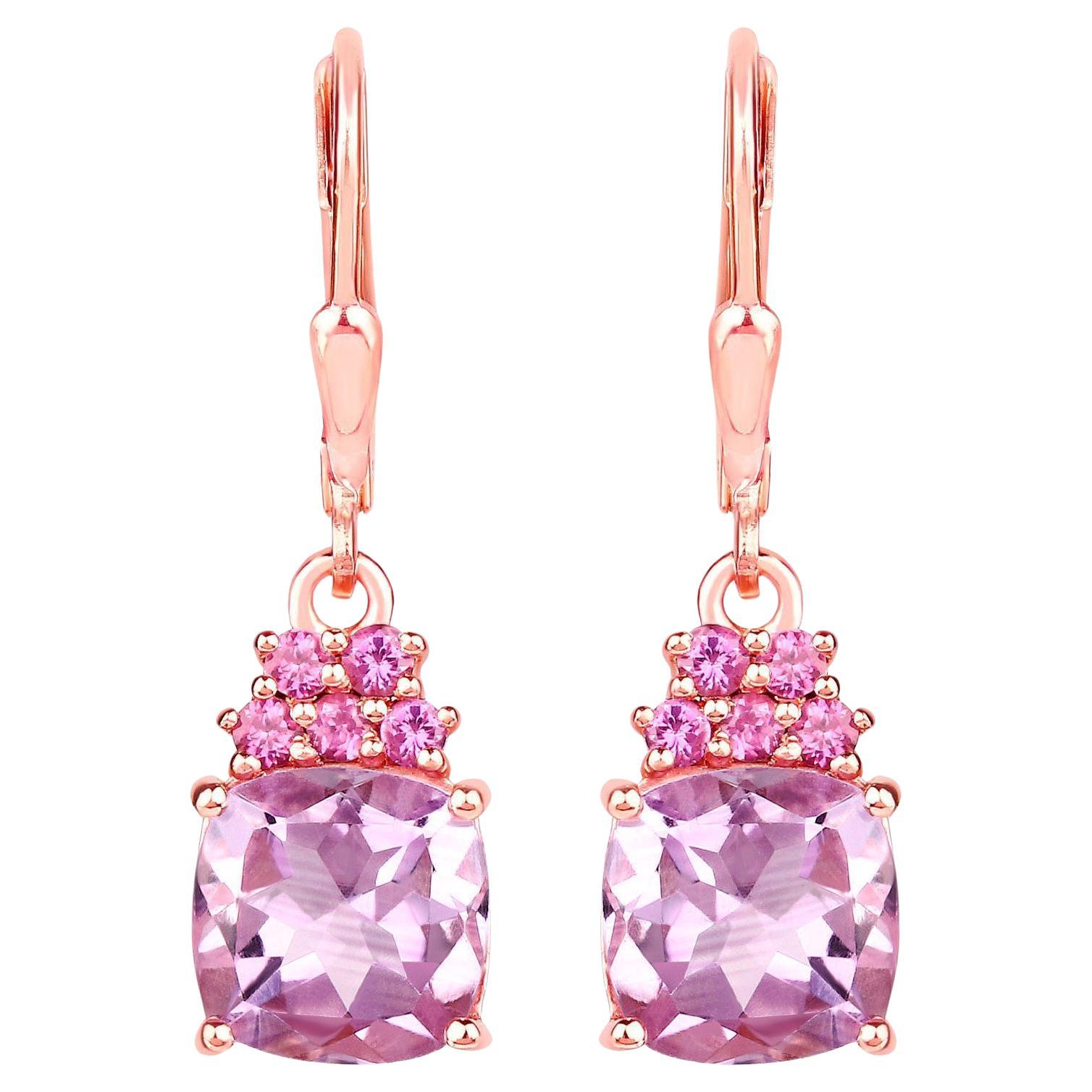 Pink Amethyst Dangle Earrings With Rhodolite Garnets 4.90 Carats 18K Plated