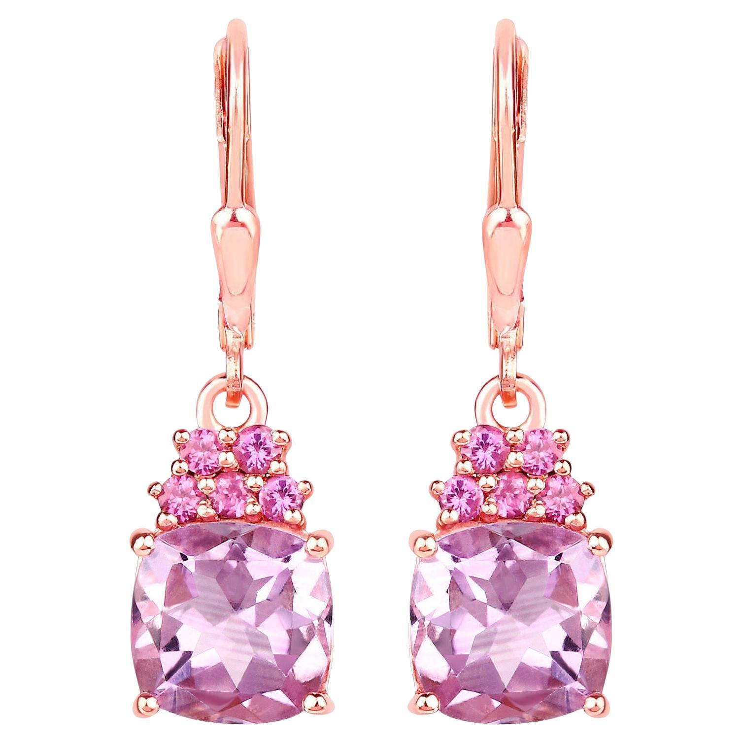 Pink Amethyst Dangle Earrings With Rhodolite Garnets 4.90 Carats 18K Plated