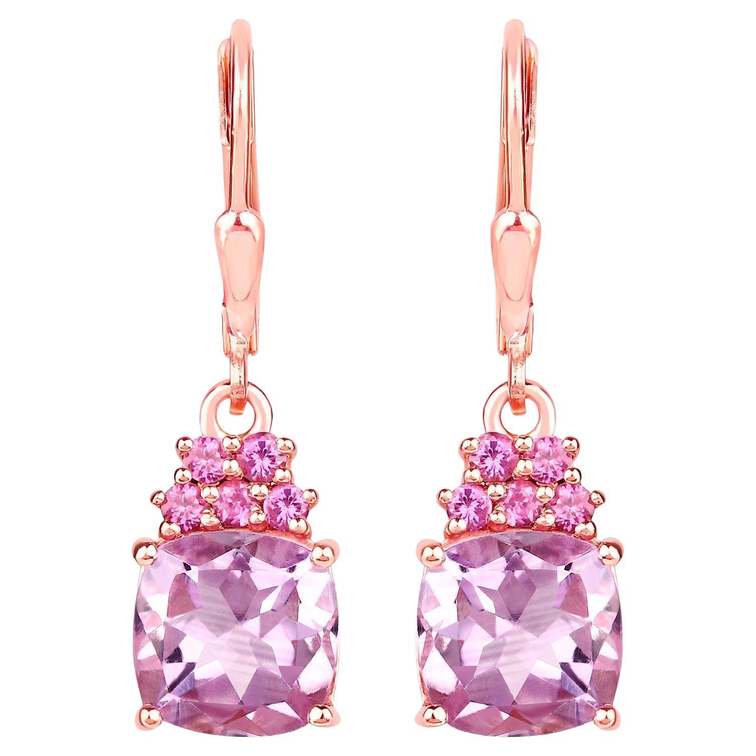 Pink Amethyst Dangle Earrings With Rhodolites 4.90 Carats Rose Gold Plated