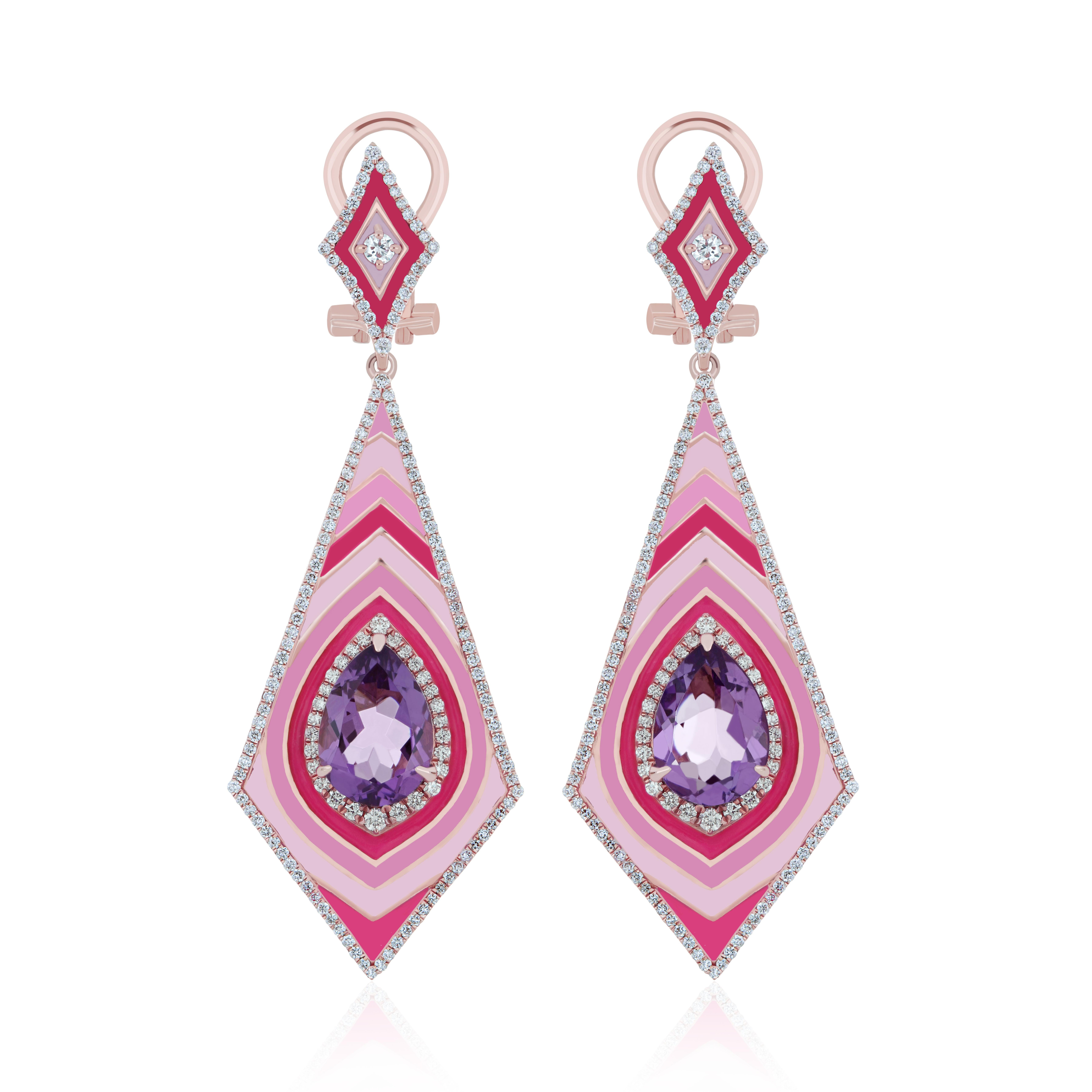 Elegant and exquisitely detailed 14karat Roes Gold Earring, with 3.6 Cts Pear Shape Pink Amethyst set in center and Surrounded by Micro pave Diamonds, weighing approx. 0.95 CT's. total carat weight and Enamel Earring to further enhance the beauty of