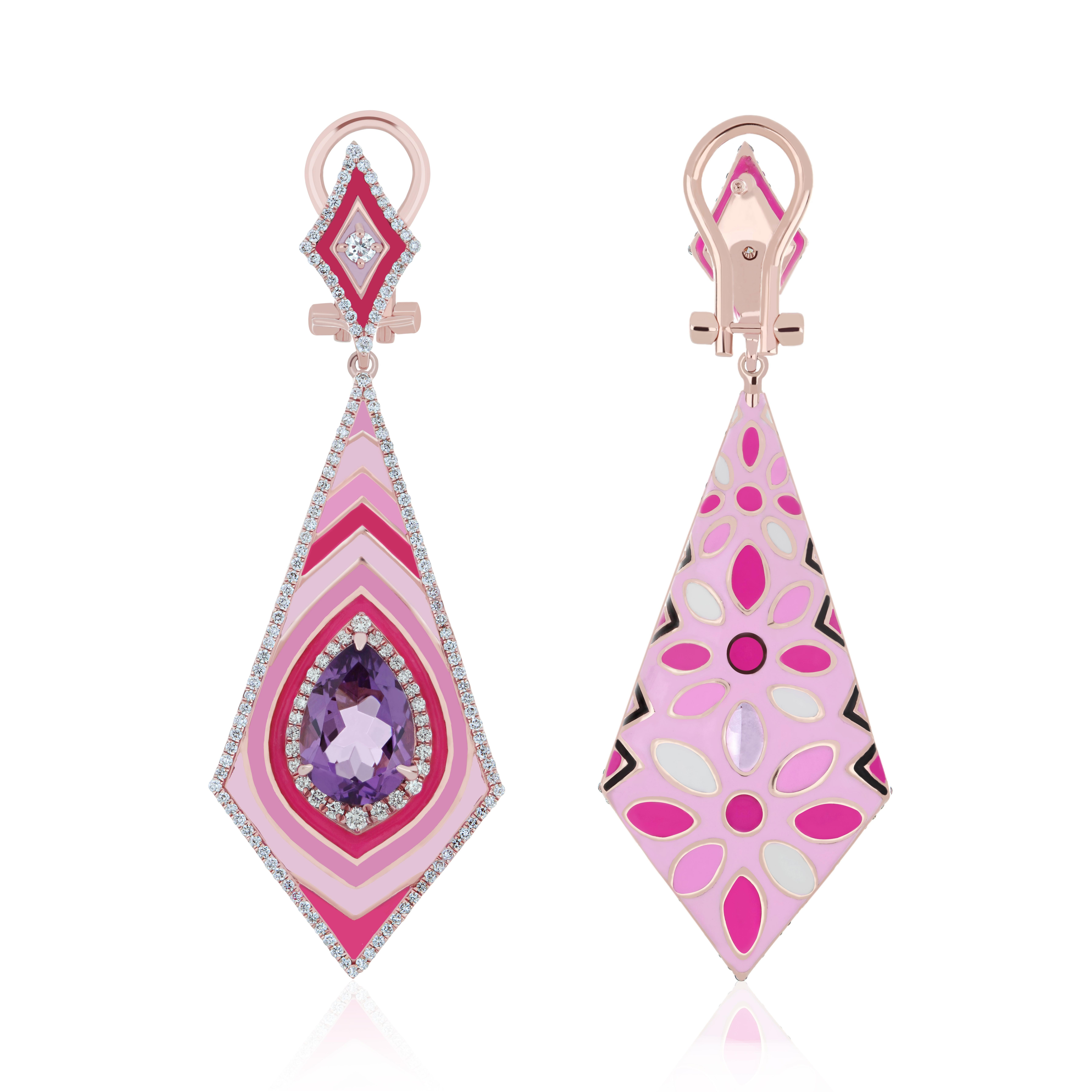Pear Cut Pink Amethyst & Diamond Studded Enamel Earring in 14k Rose Gold For Sale