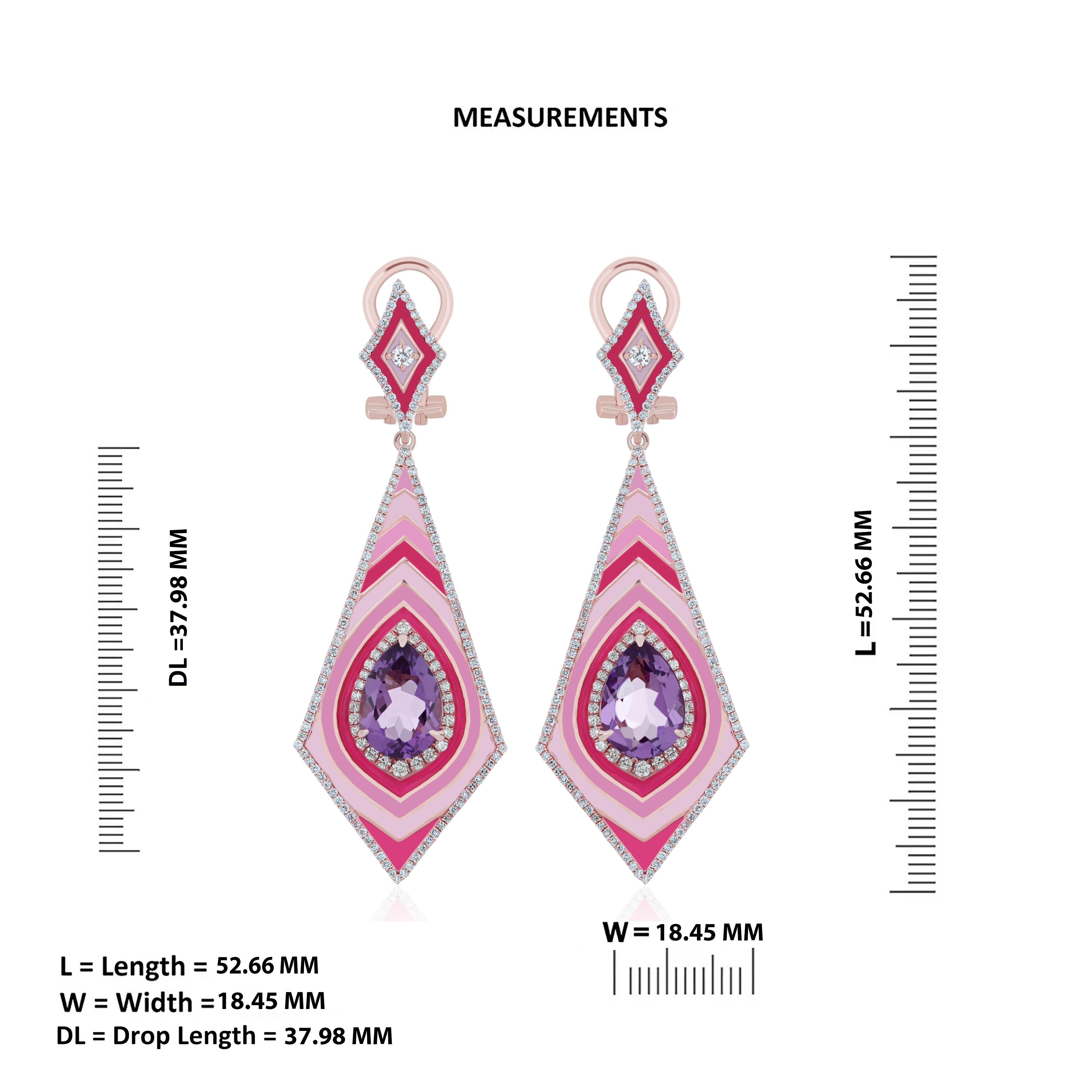 Pink Amethyst & Diamond Studded Enamel Earring in 14k Rose Gold In New Condition For Sale In JAIPUR, IN