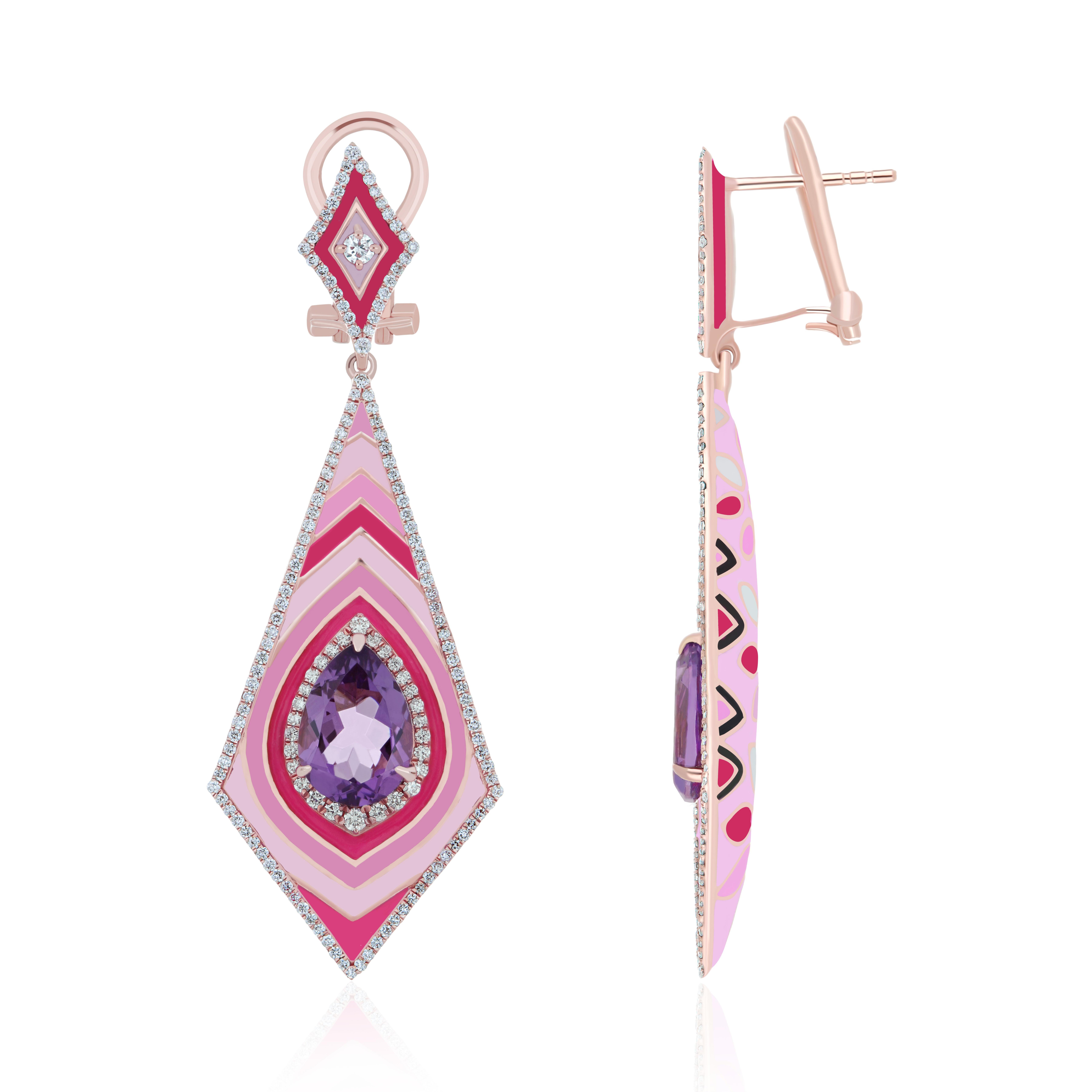 Women's Pink Amethyst & Diamond Studded Enamel Earring in 14k Rose Gold For Sale