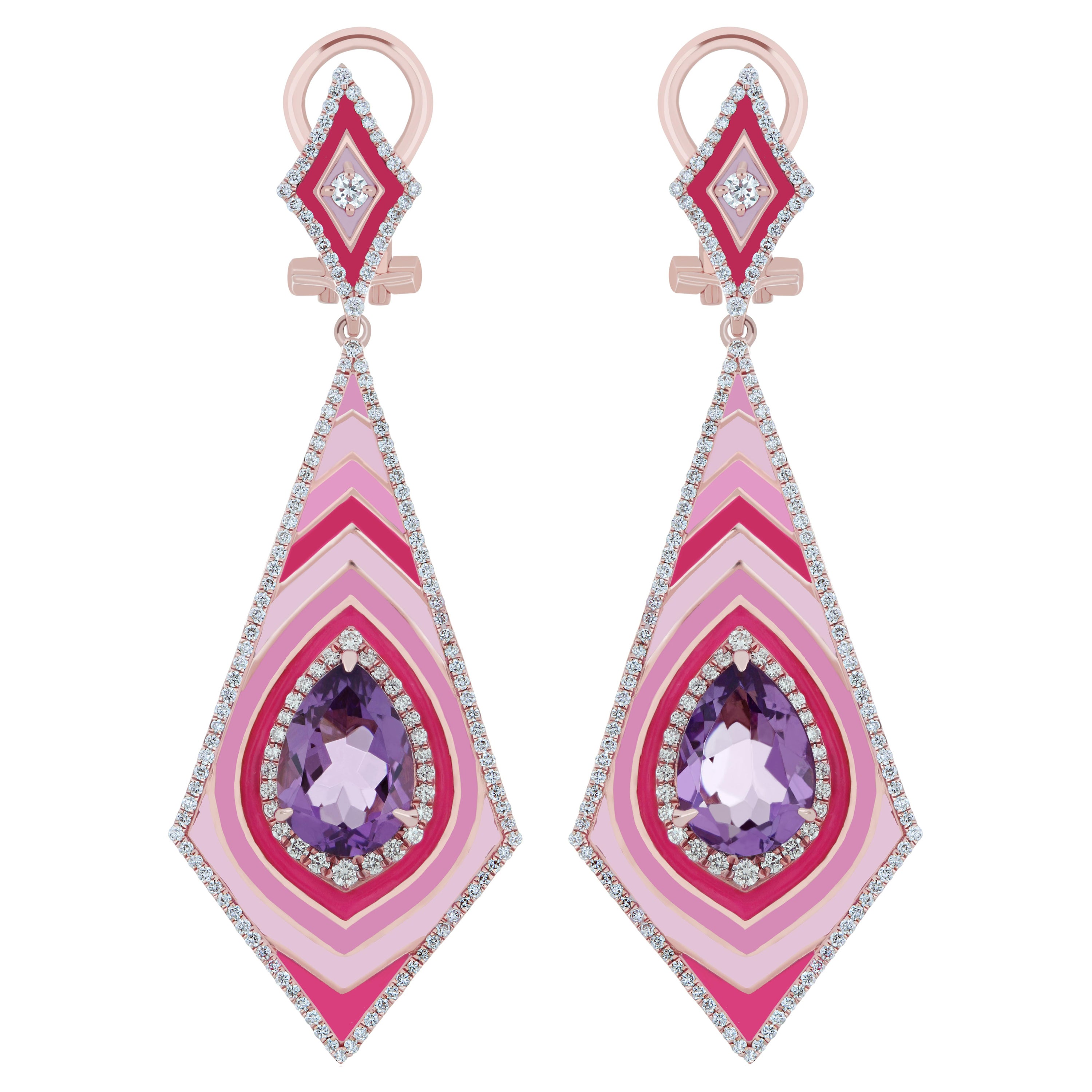 Boucle d'oreille en or rose 14k avec améthyste rose et diamants cloutés