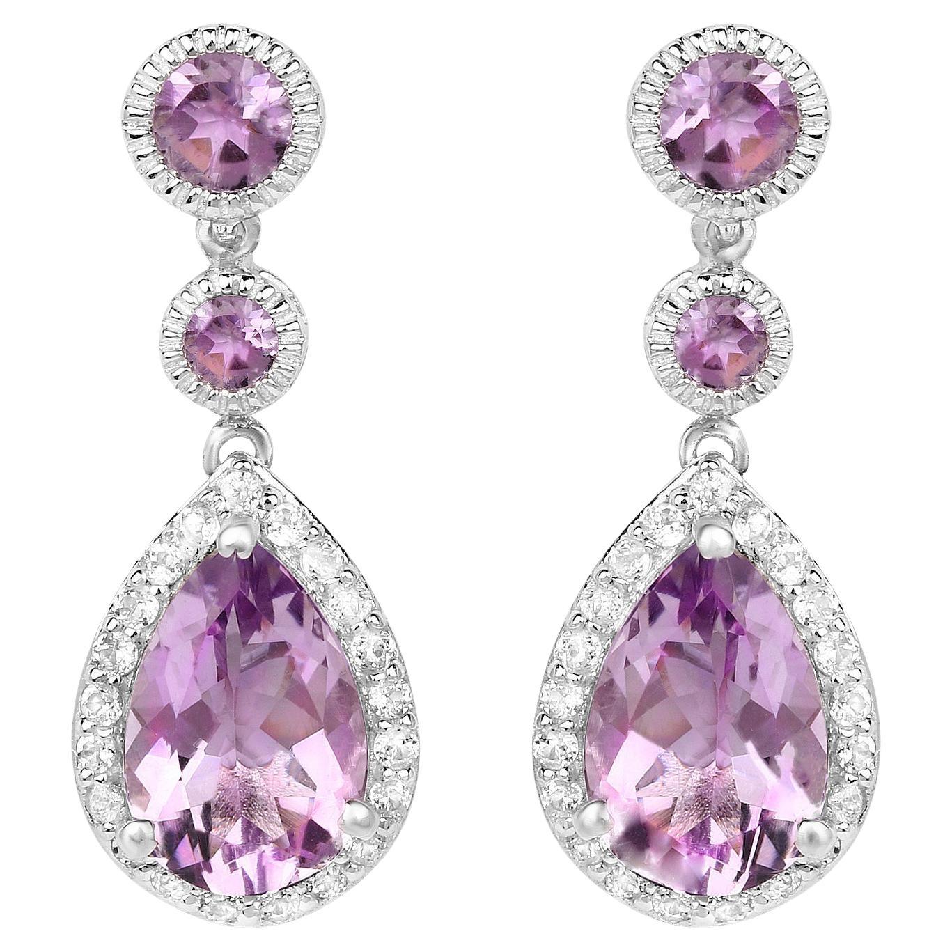 Boucles d'oreilles en améthyste rose serties de topaze blanche de 7,14 carats au total