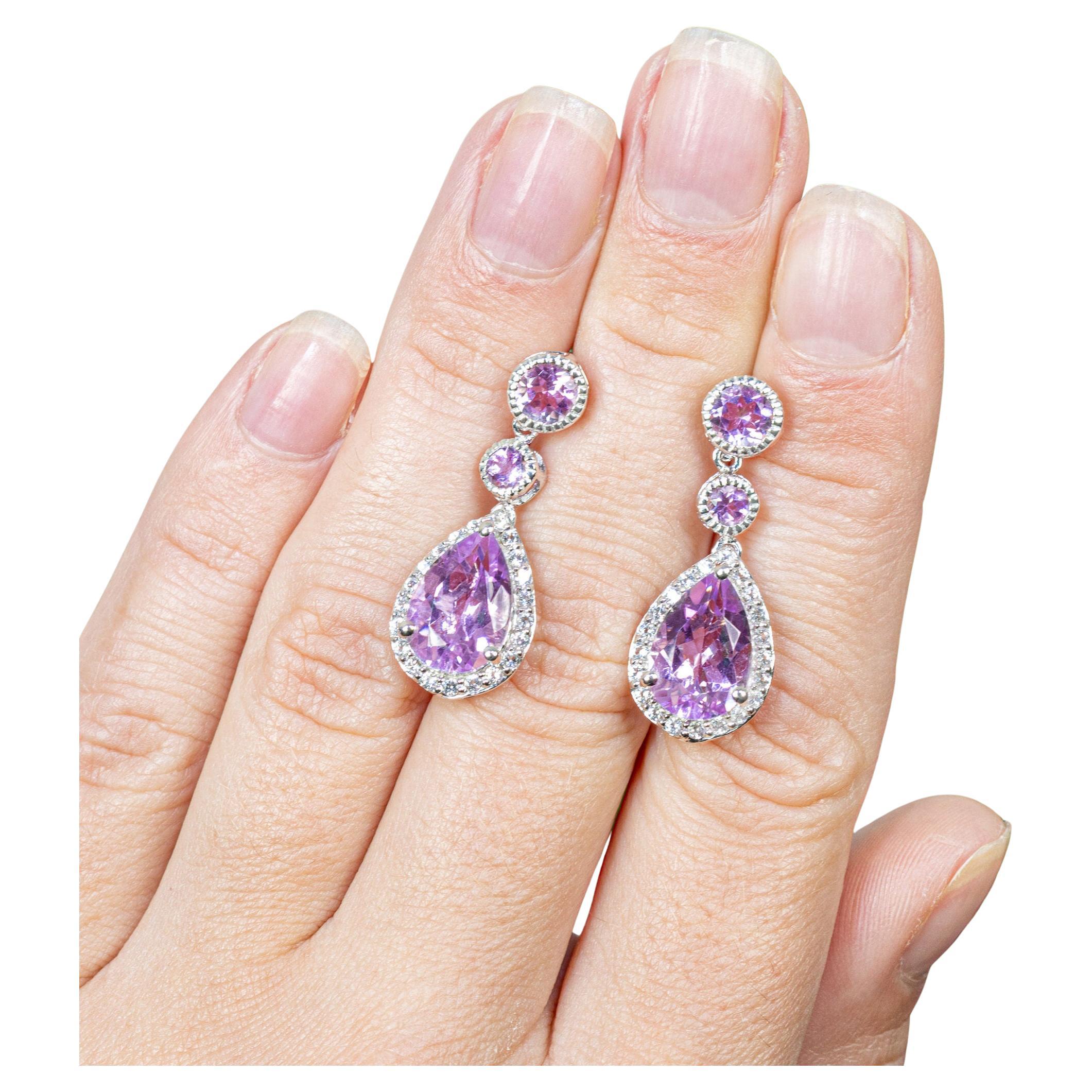 Pink Amethyst Earrings White Topaz Setting 7.14 Carats Total For Sale