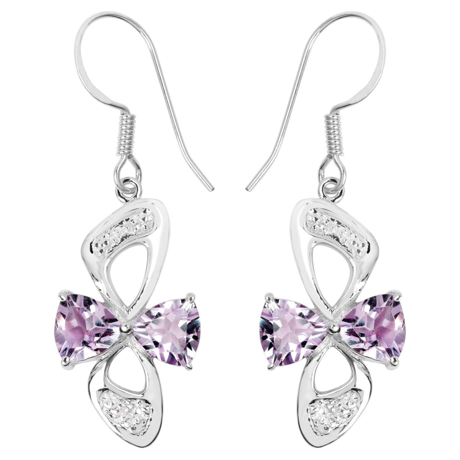 Pink Amethyst Earrings With White Topaz 4.02 Carats Sterling Silver For Sale