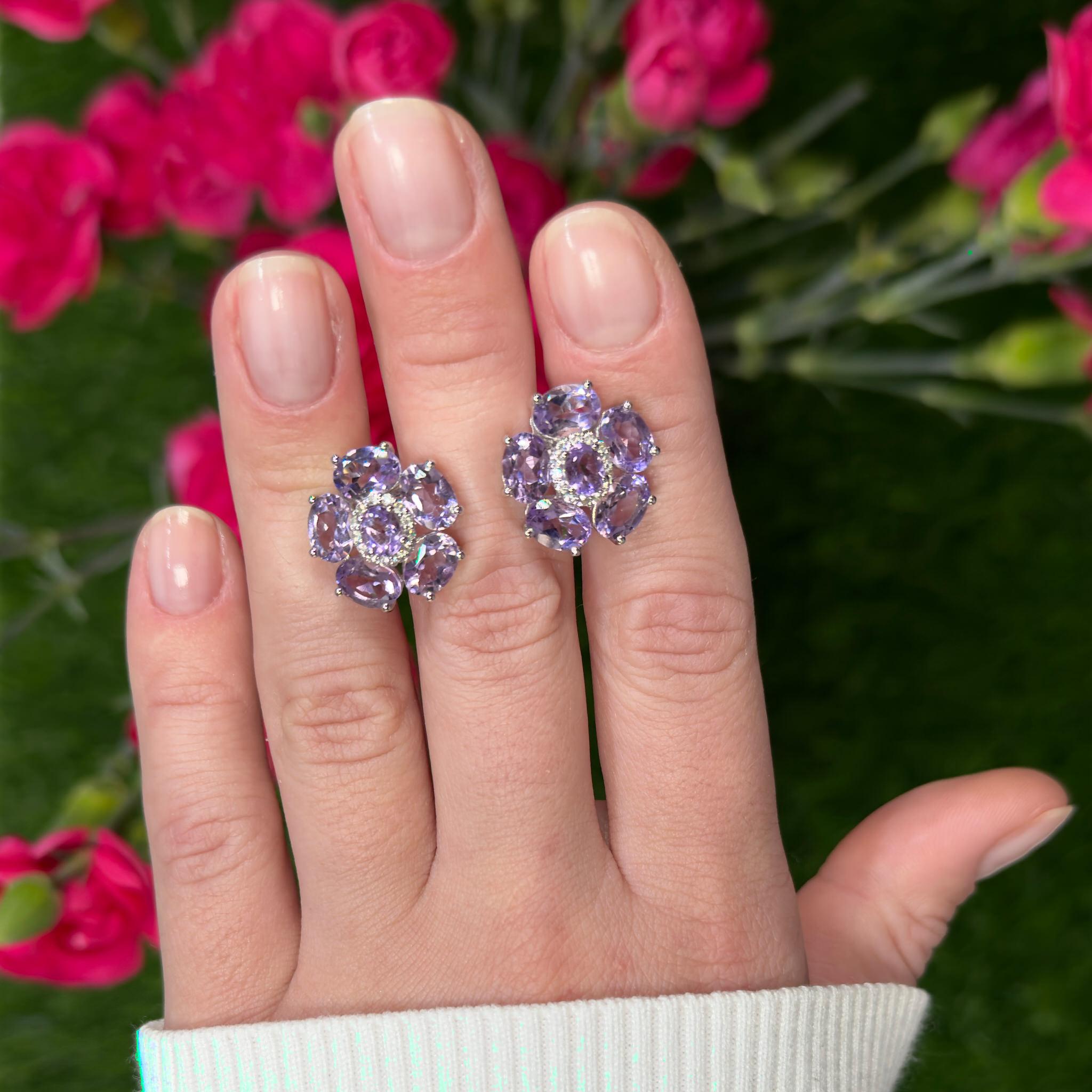 Pink Amethyst Floral Earrings 7.7 Carats 18k White Gold Plated Sterling Silver View 3