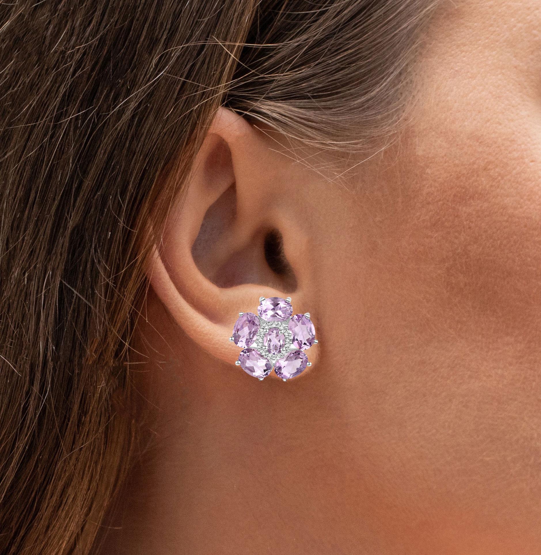 Pink Amethyst Floral Earrings 7.7 Carats 18k White Gold Plated Sterling Silver View 5