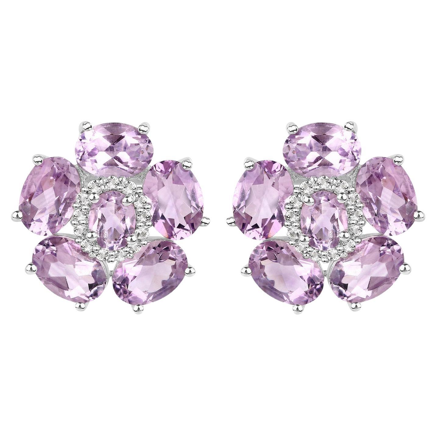 Pendientes Floral Amatista Rosa 7,7 Quilates Plata de Ley Chapada en Oro Blanco 18K en venta