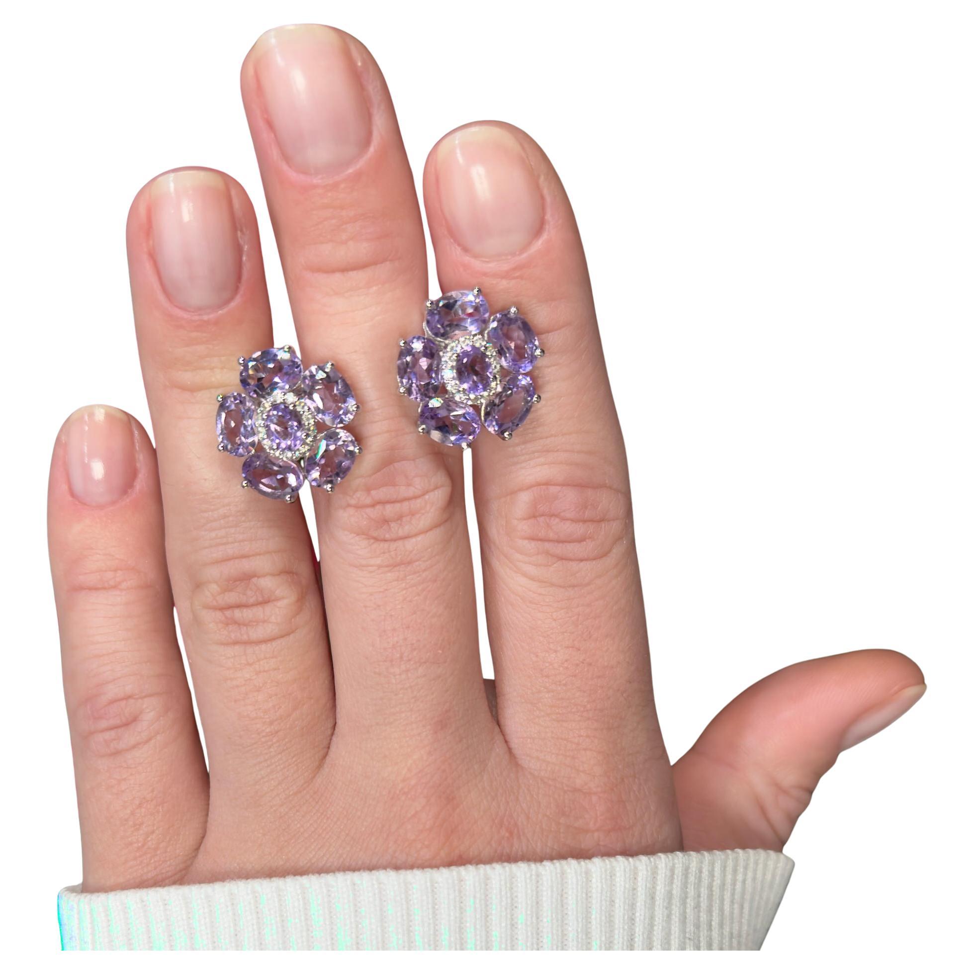 Boucles d
oreilles fleuries en argent sterling plaqué or blanc 18 carats et améthyste rose 7,7 carats