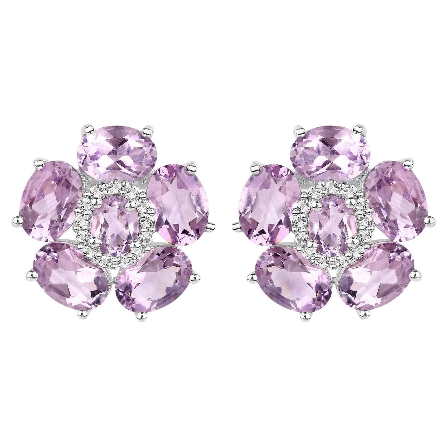 Pink Amethyst Floral Earrings 7.7 Carats 18K White Gold Plated Sterling Silver For Sale
