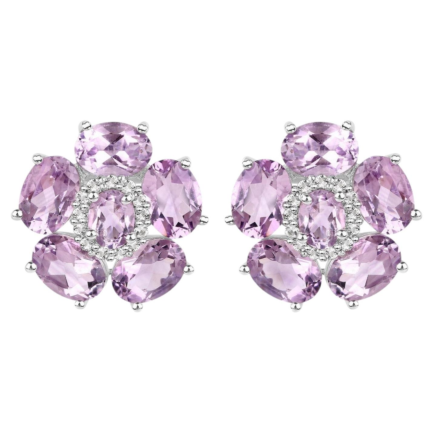 Pink Amethyst Floral Earrings 7.7 Carats 18K White Gold Plated Sterling Silver