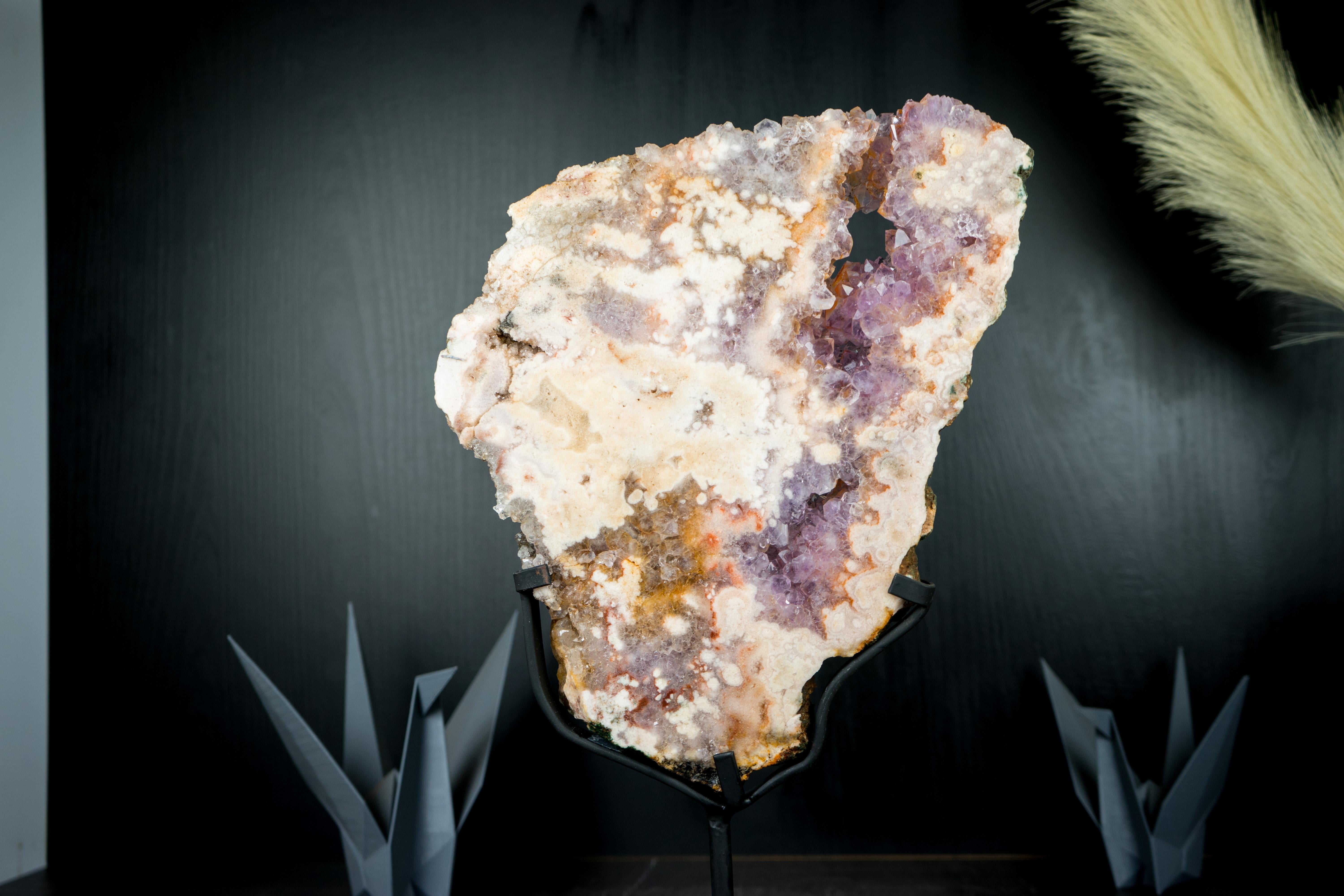 Brazilian Pink Amethyst Geode on Stand, Geode Slab with Natural Rose and Purple Amethyst