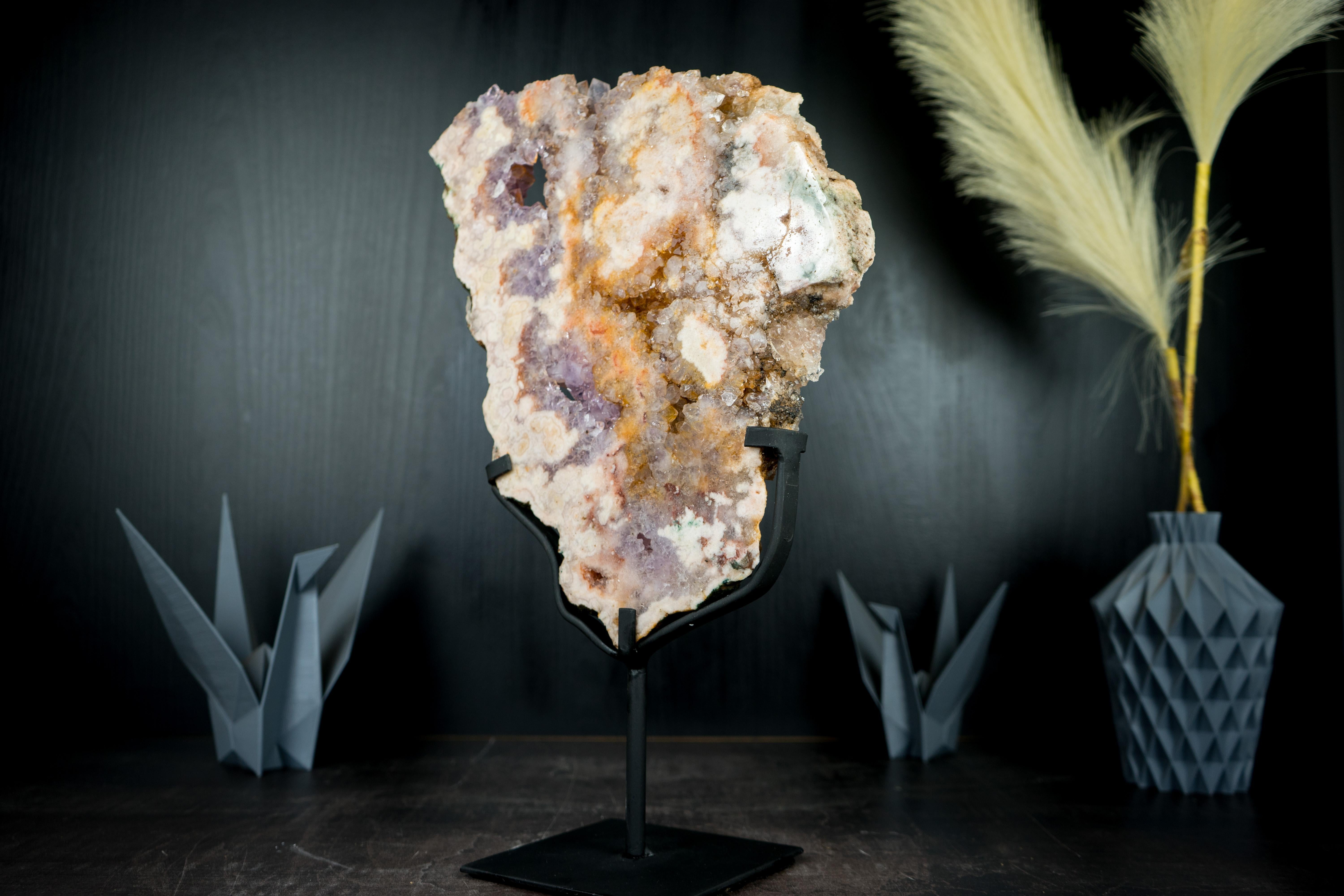 Contemporary Pink Amethyst Geode on Stand, Geode Slab with Natural Rose and Purple Amethyst