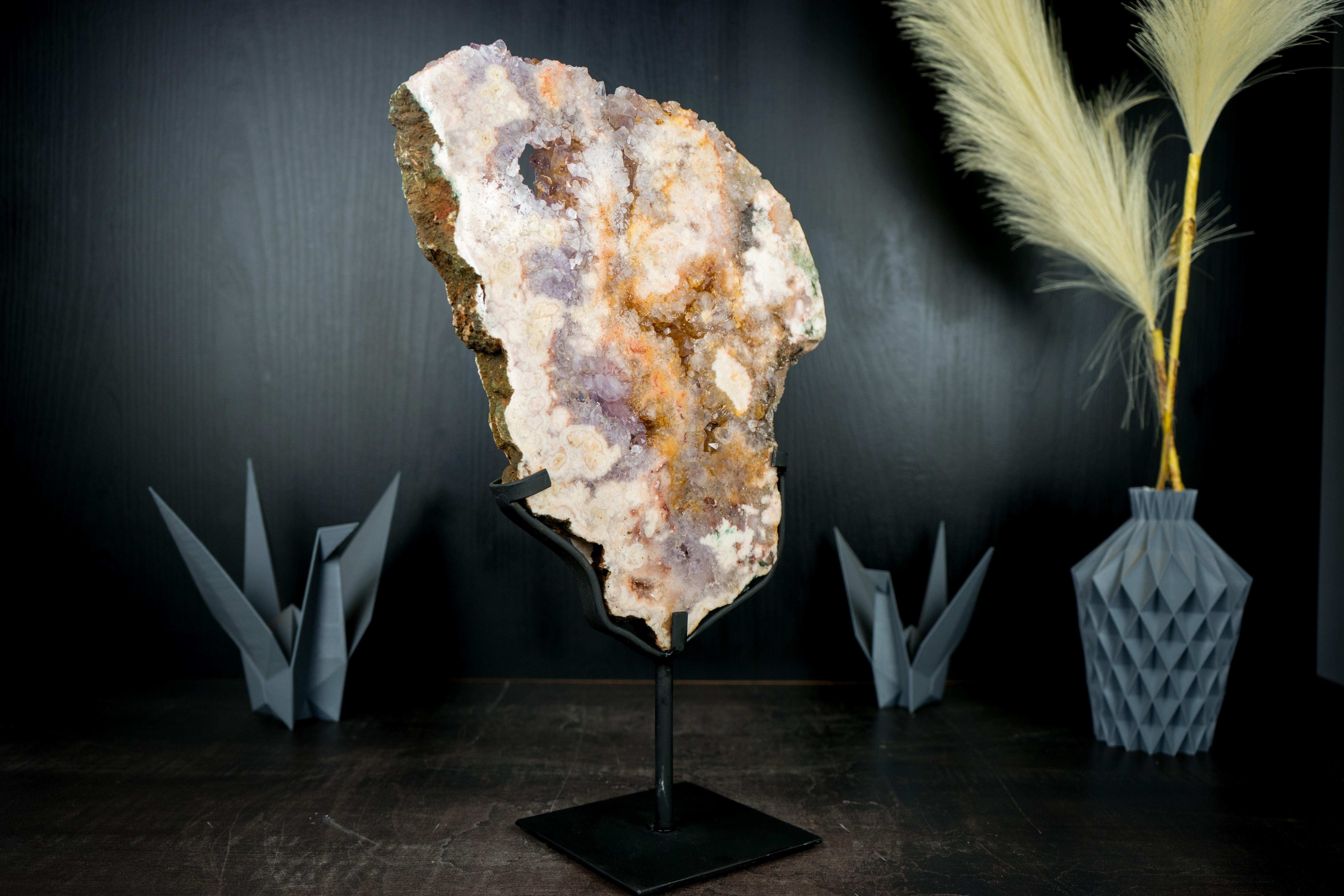 Agate Pink Amethyst Geode on Stand, Geode Slab with Natural Rose and Purple Amethyst