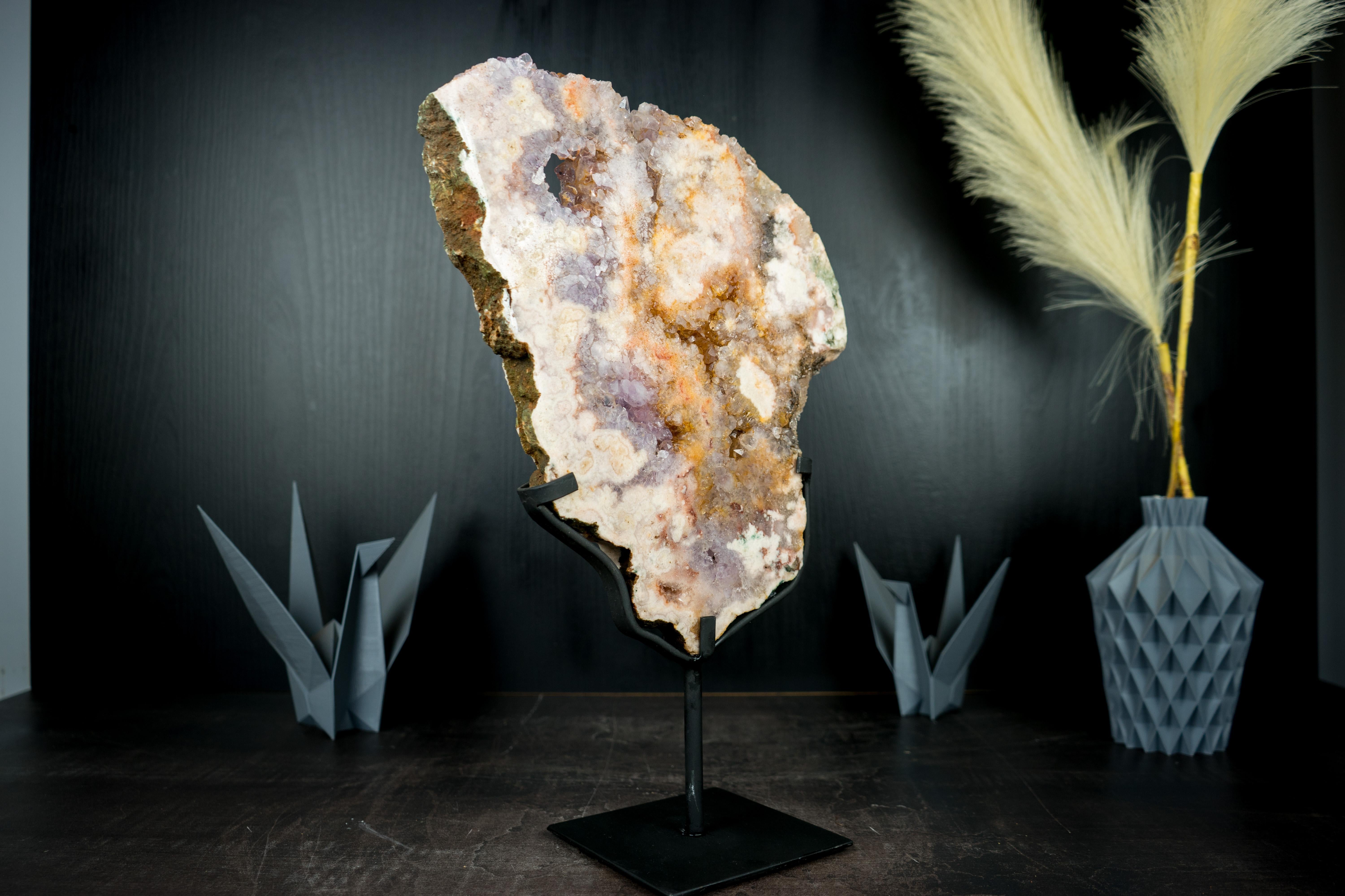 Pink Amethyst Geode on Stand, Geode Slab with Natural Rose and Purple Amethyst 1