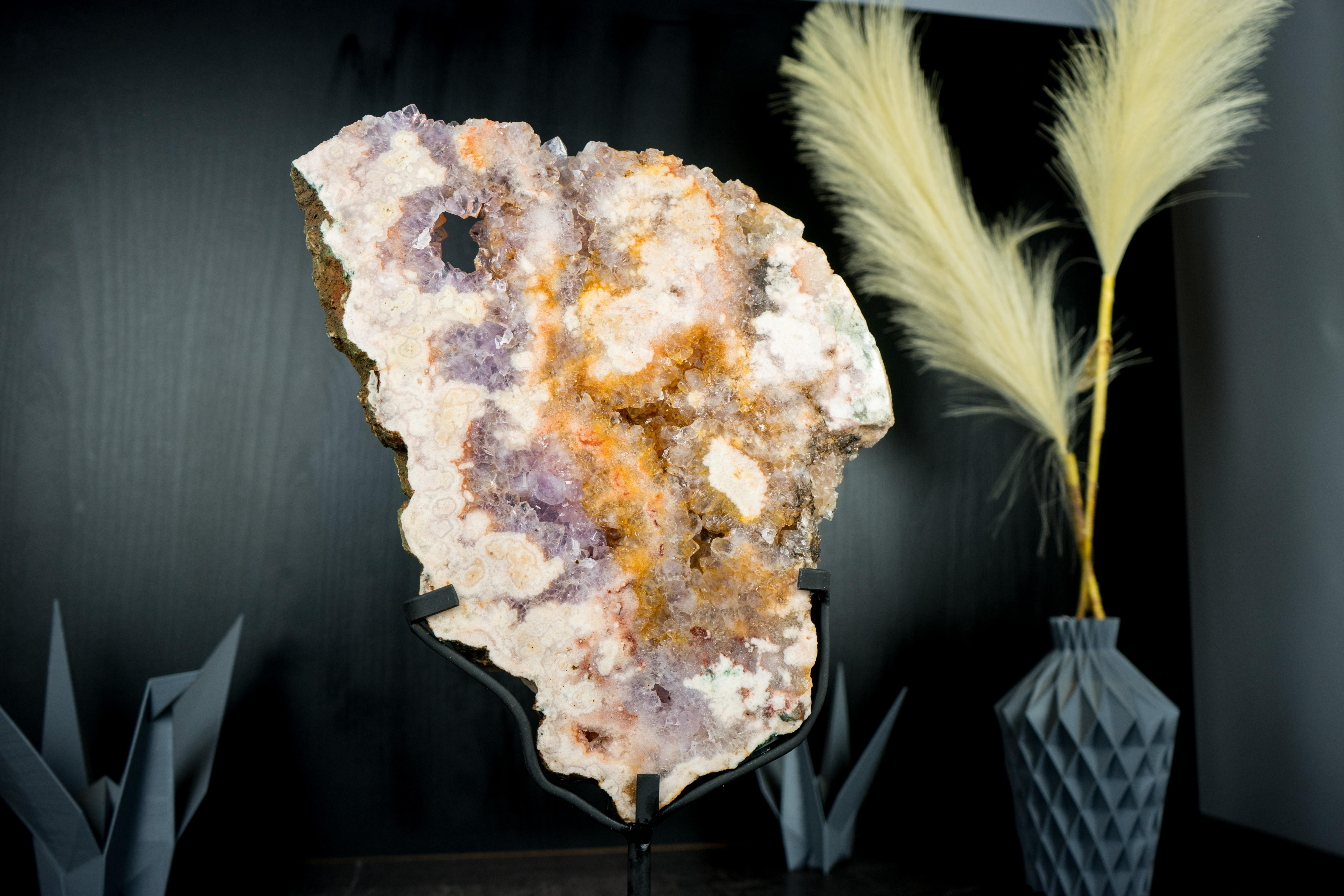 Pink Amethyst Geode on Stand, Geode Slab with Natural Rose and Purple Amethyst 2