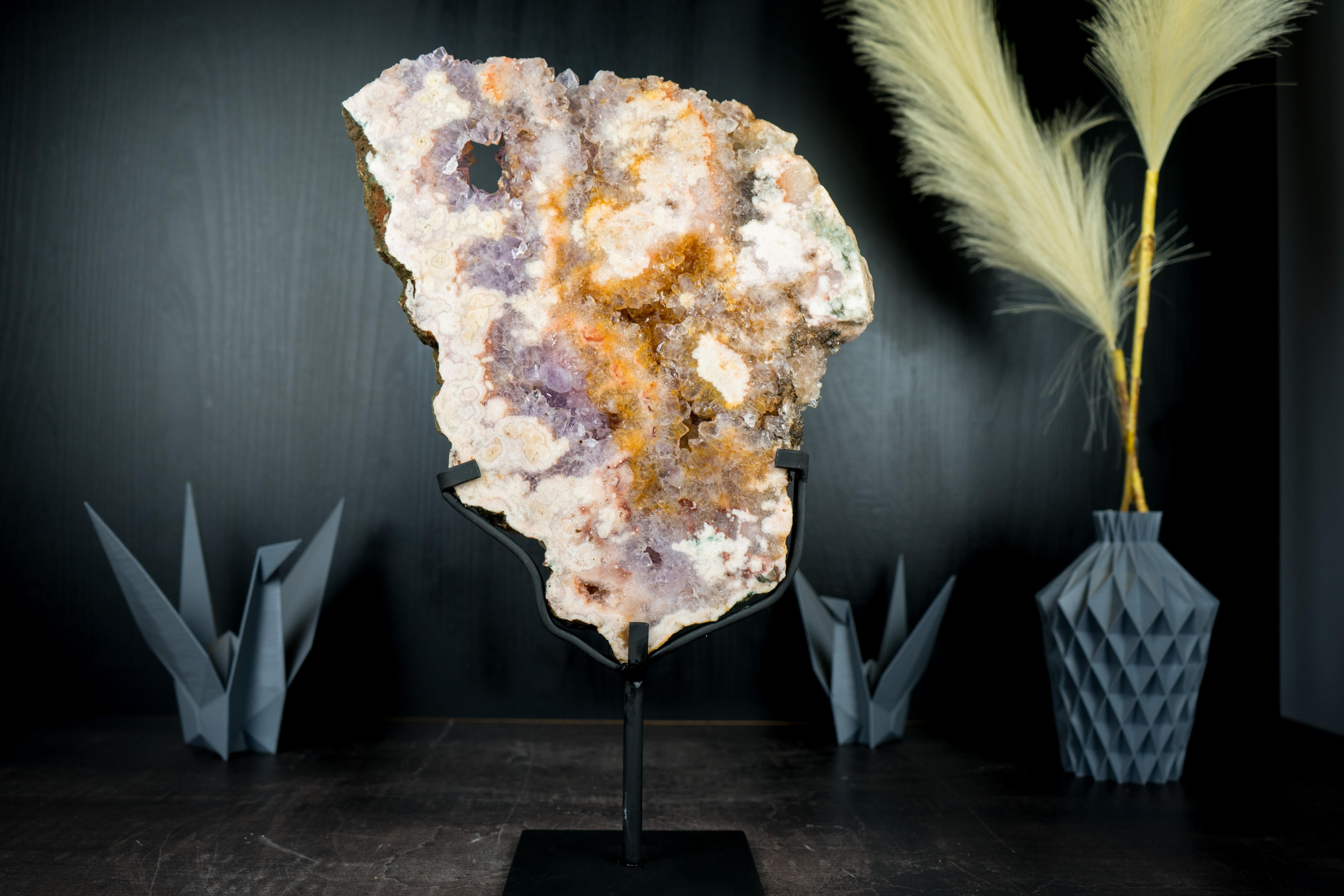 Pink Amethyst Geode on Stand, Geode Slab with Natural Rose and Purple Amethyst 3