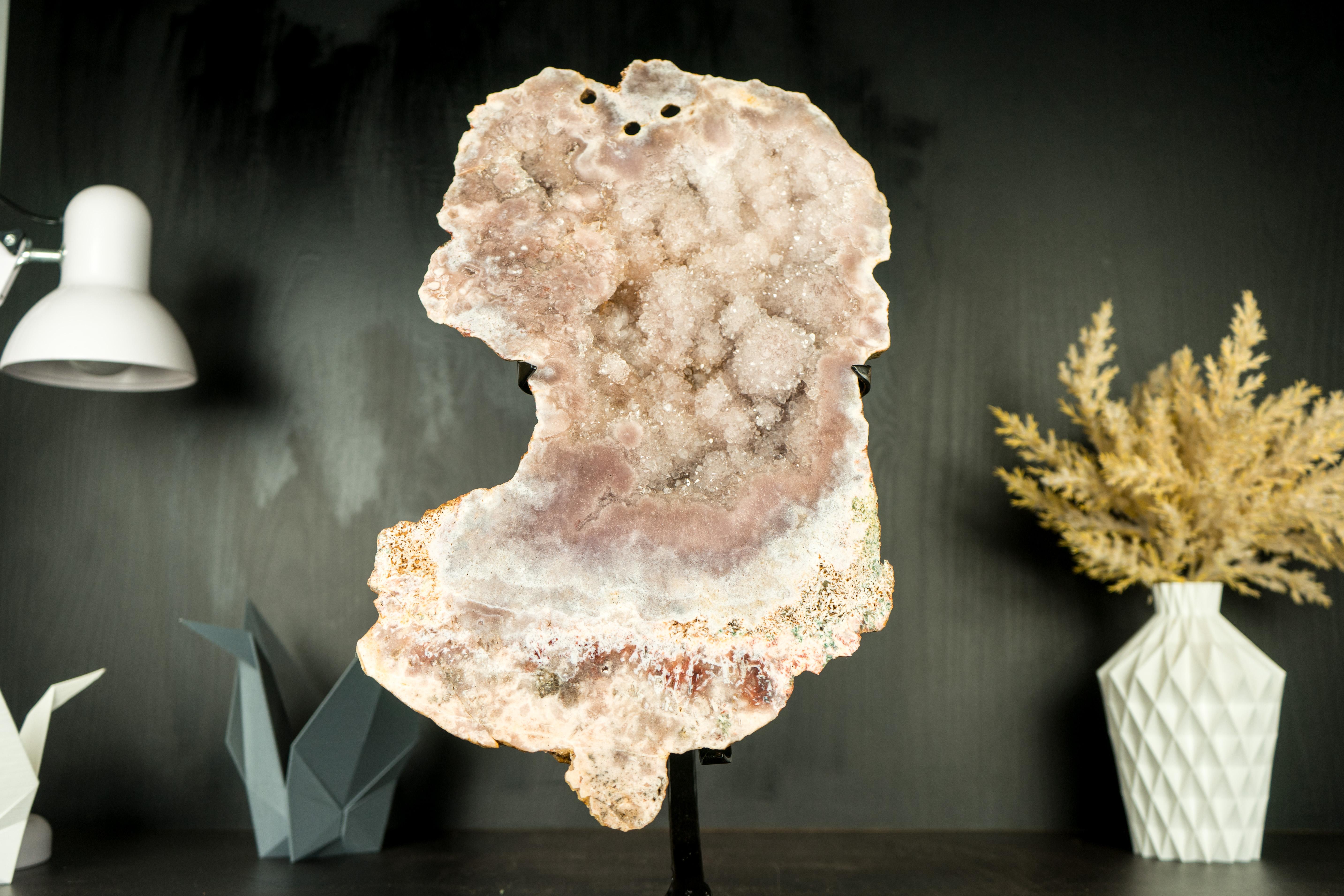 Pink Amethyst Geode Slab with Sculptural Pink Amethyst and Pink Amethyst Flowers For Sale 4