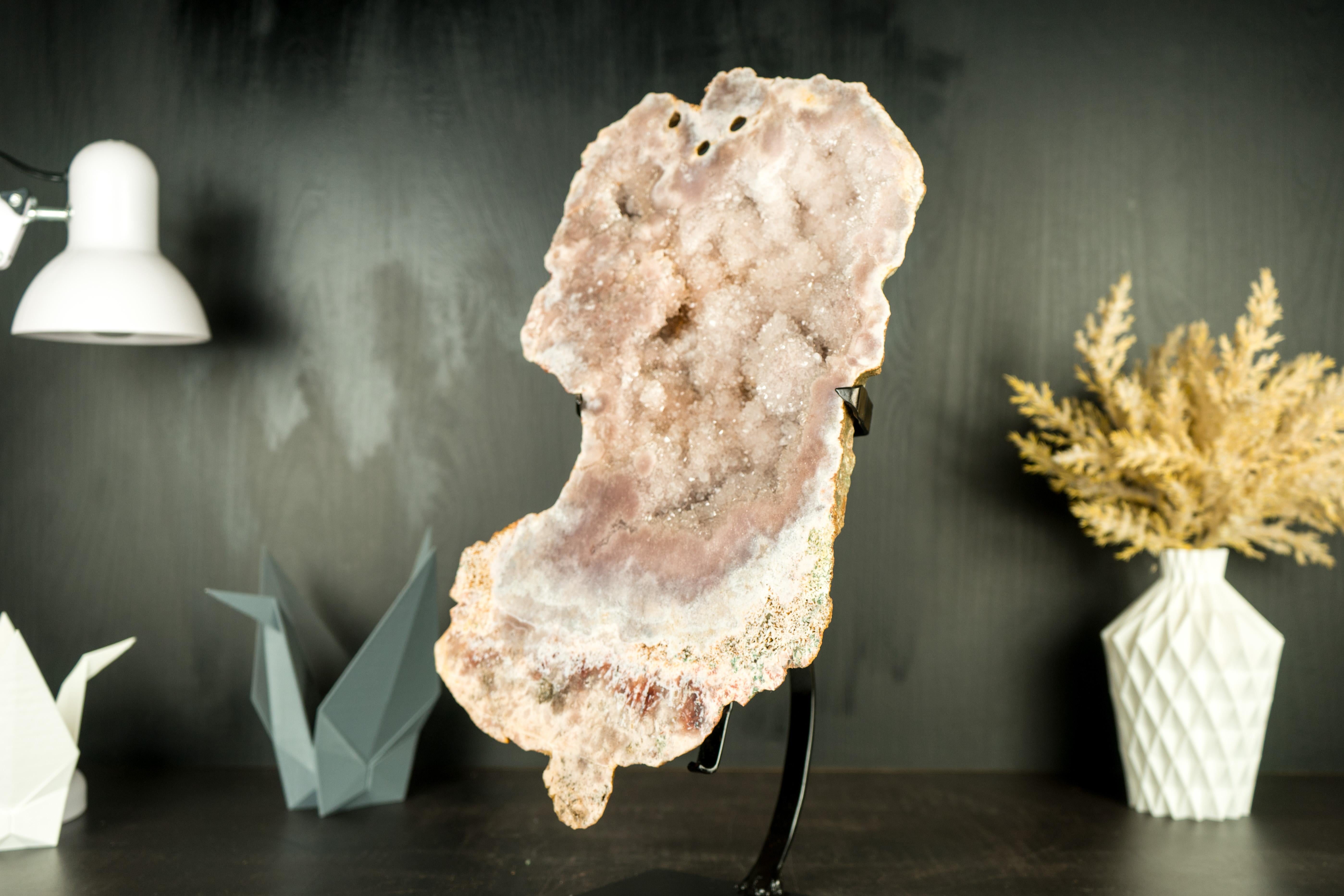 Contemporary Pink Amethyst Geode Slab with Sculptural Pink Amethyst and Pink Amethyst Flowers For Sale