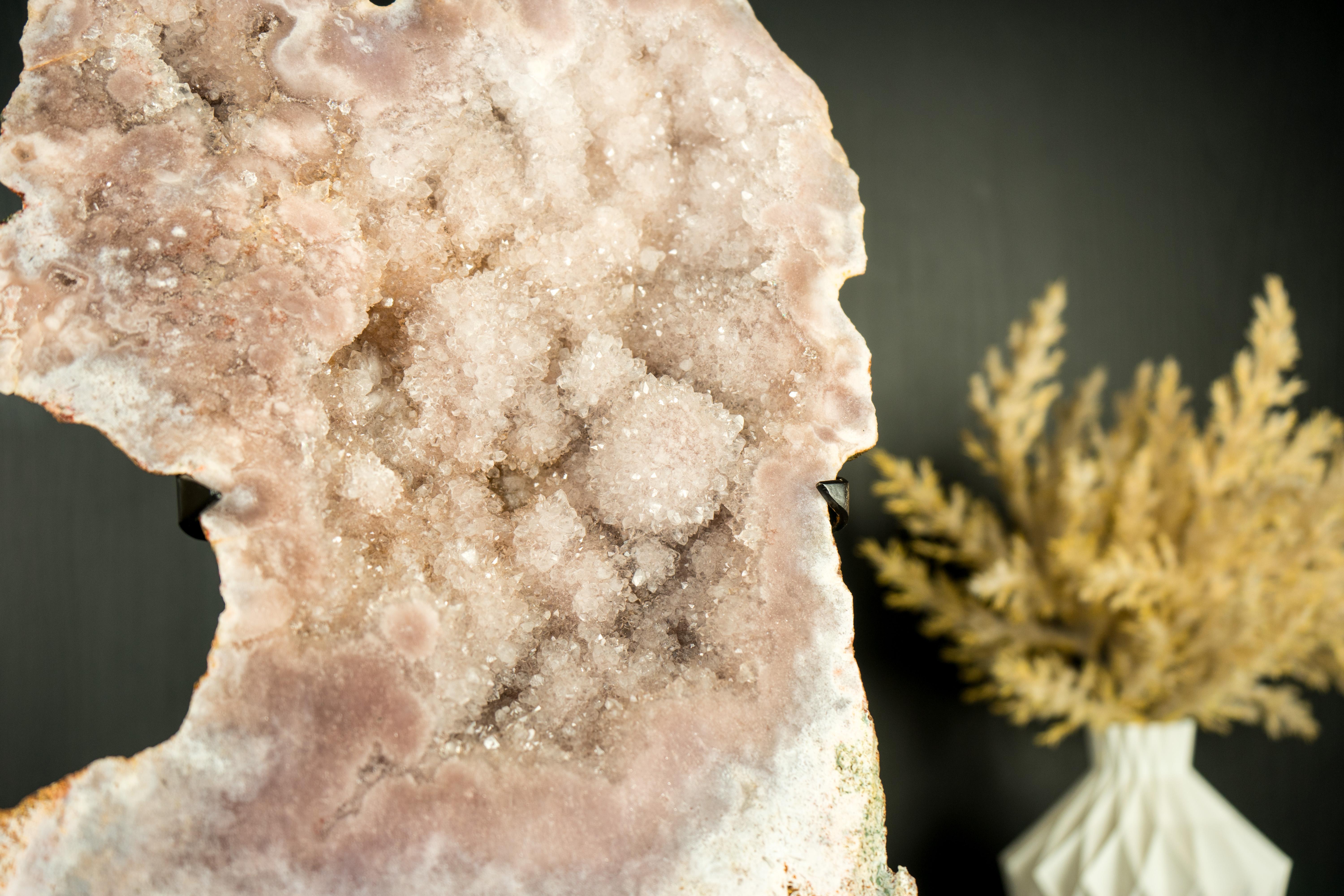 Agate Pink Amethyst Geode Slab with Sculptural Pink Amethyst and Pink Amethyst Flowers For Sale
