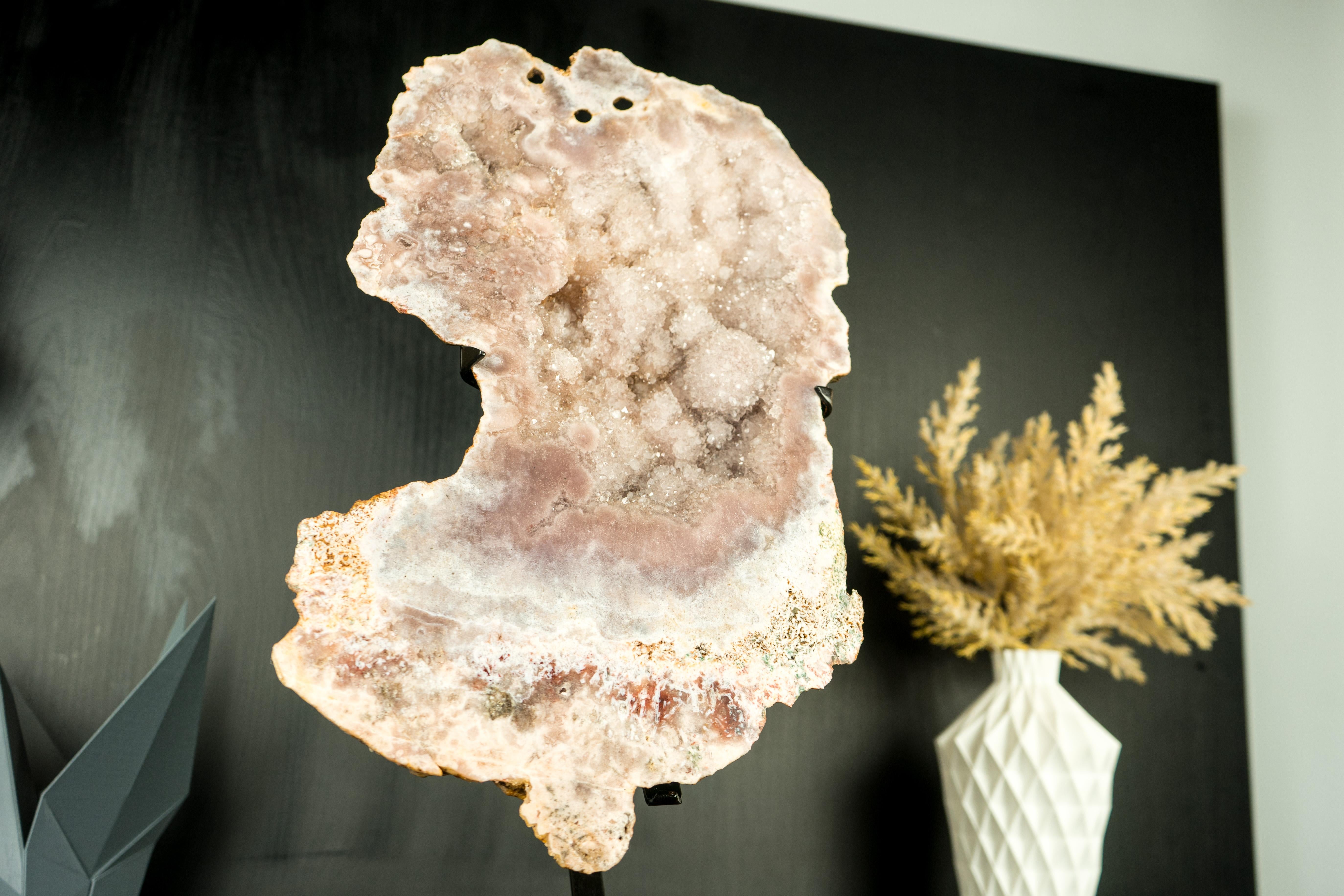 Pink Amethyst Geode Slab with Sculptural Pink Amethyst and Pink Amethyst Flowers For Sale 1