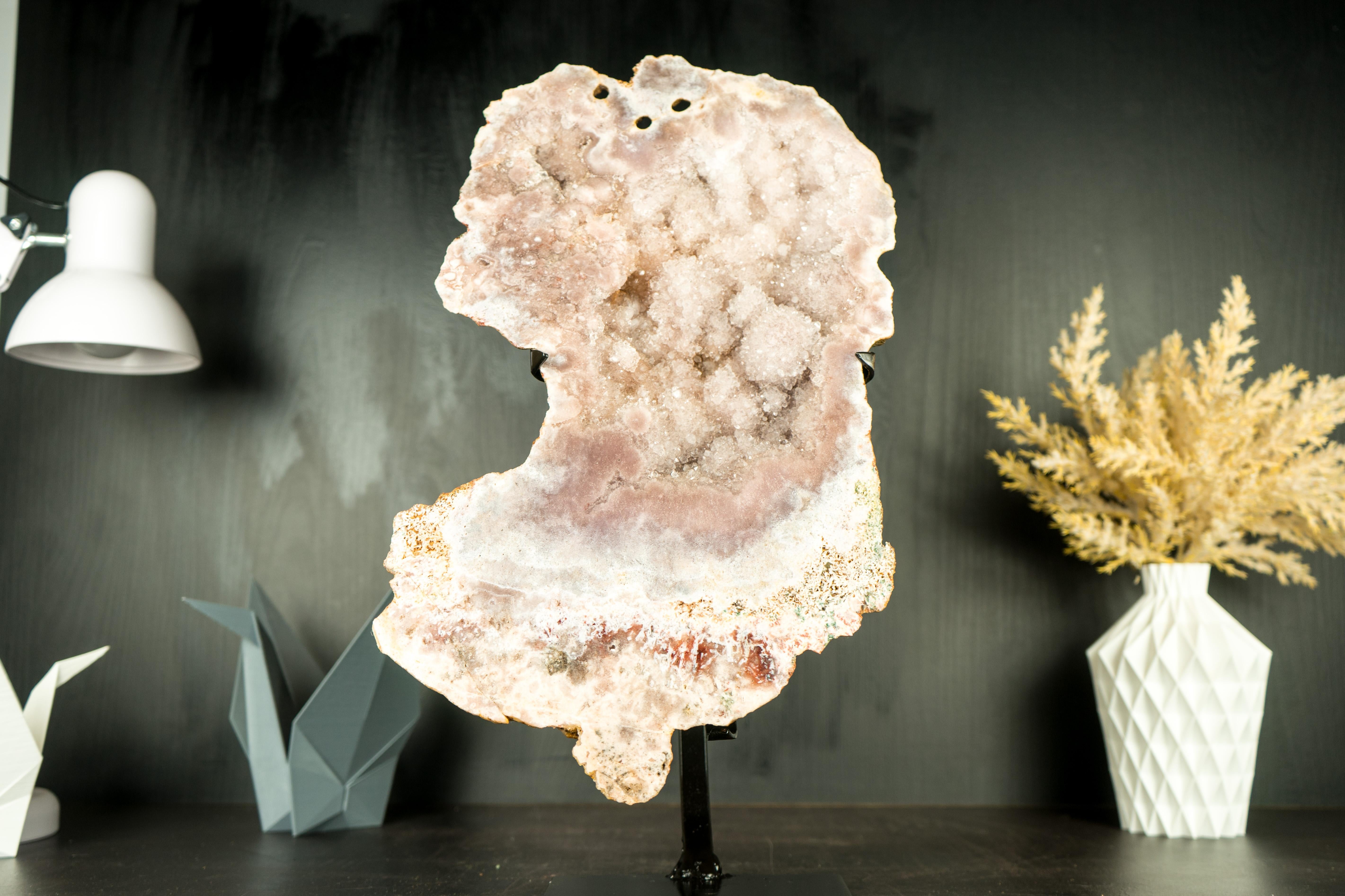 Pink Amethyst Geode Slab with Sculptural Pink Amethyst and Pink Amethyst Flowers For Sale 2