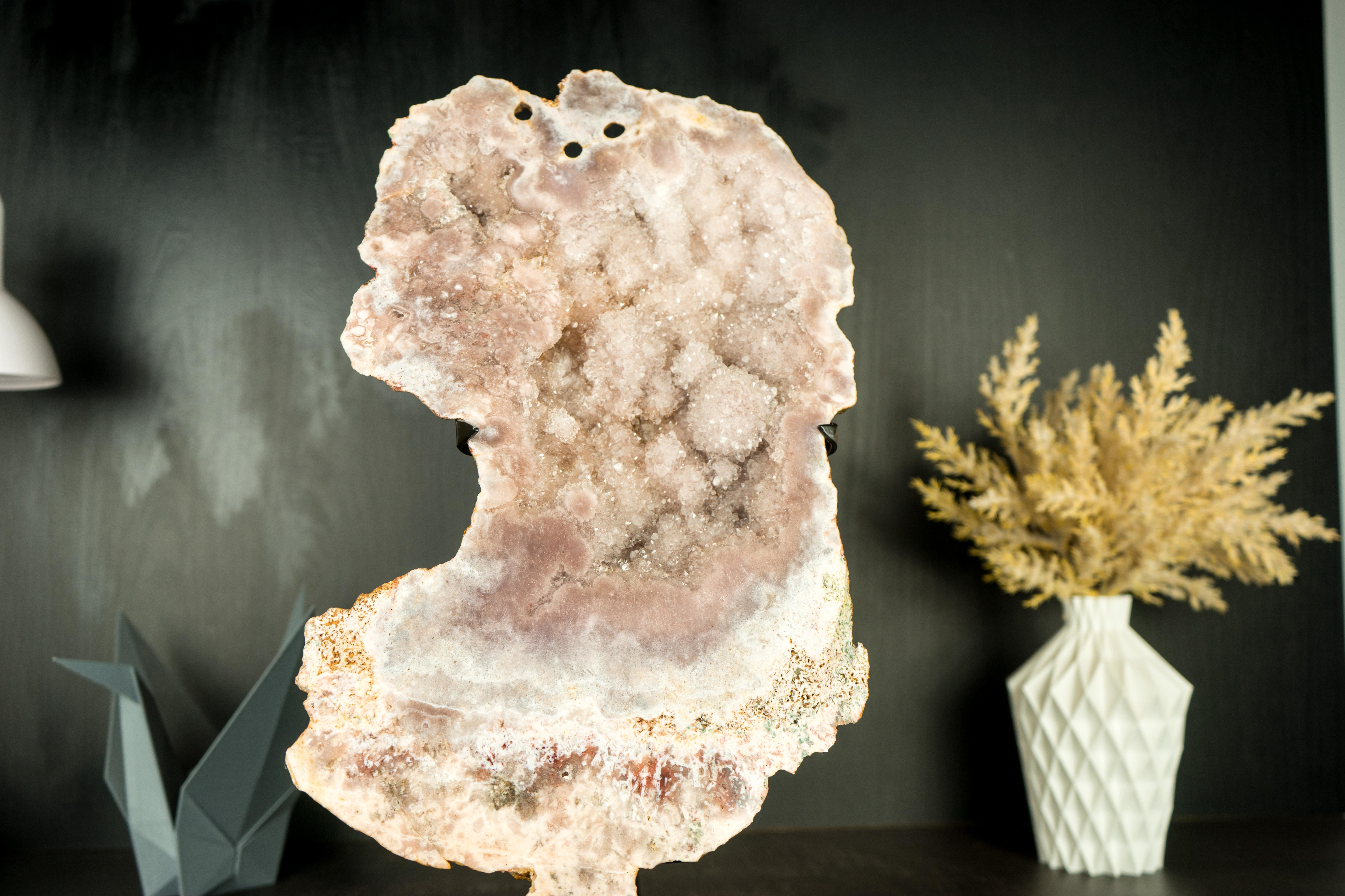 Pink Amethyst Geode Slab with Sculptural Pink Amethyst and Pink Amethyst Flowers For Sale 3
