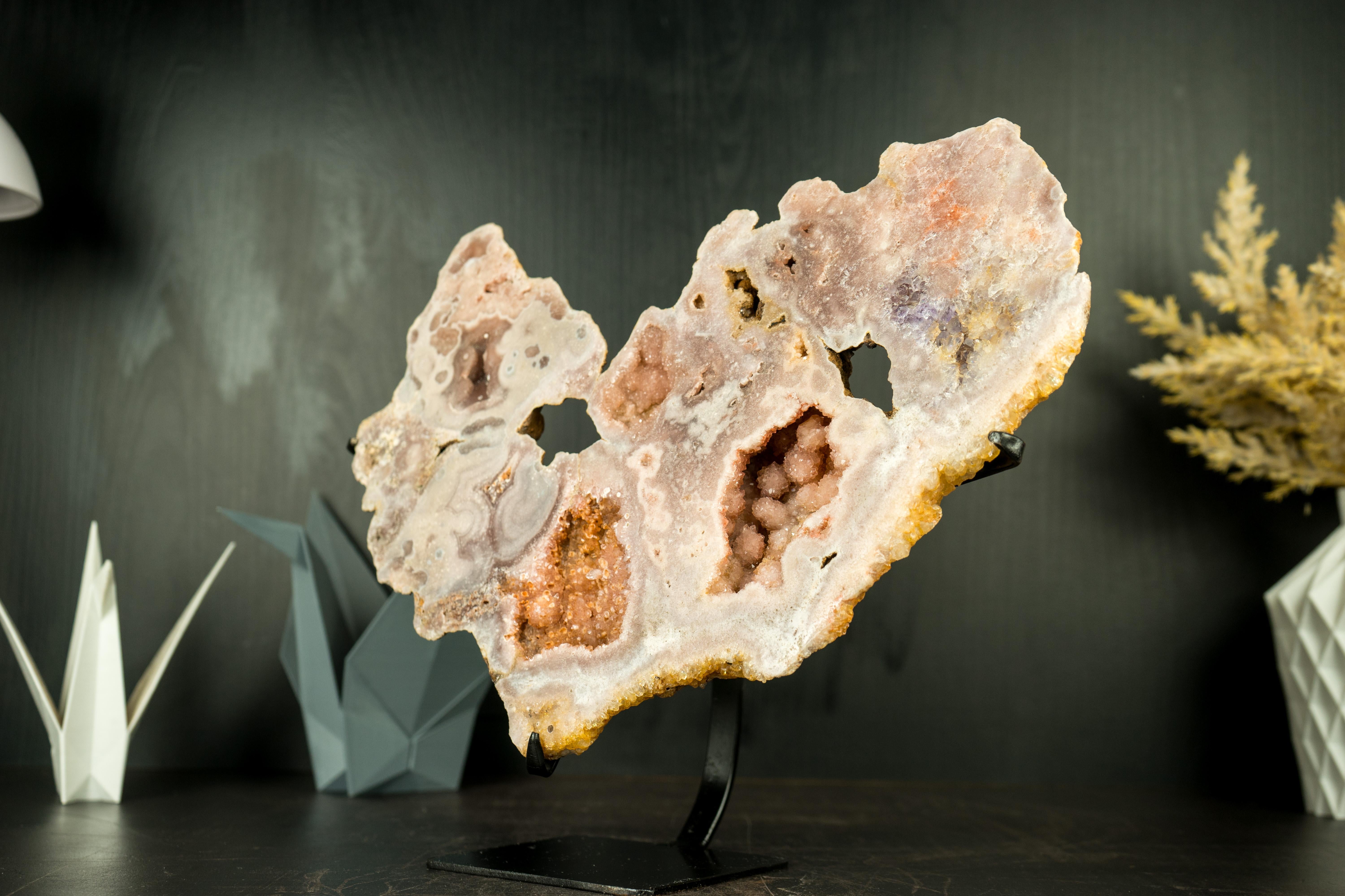 Pink Amethyst Geode Slab with Sculptural Pink Amethyst Flowers and Druzy For Sale 5