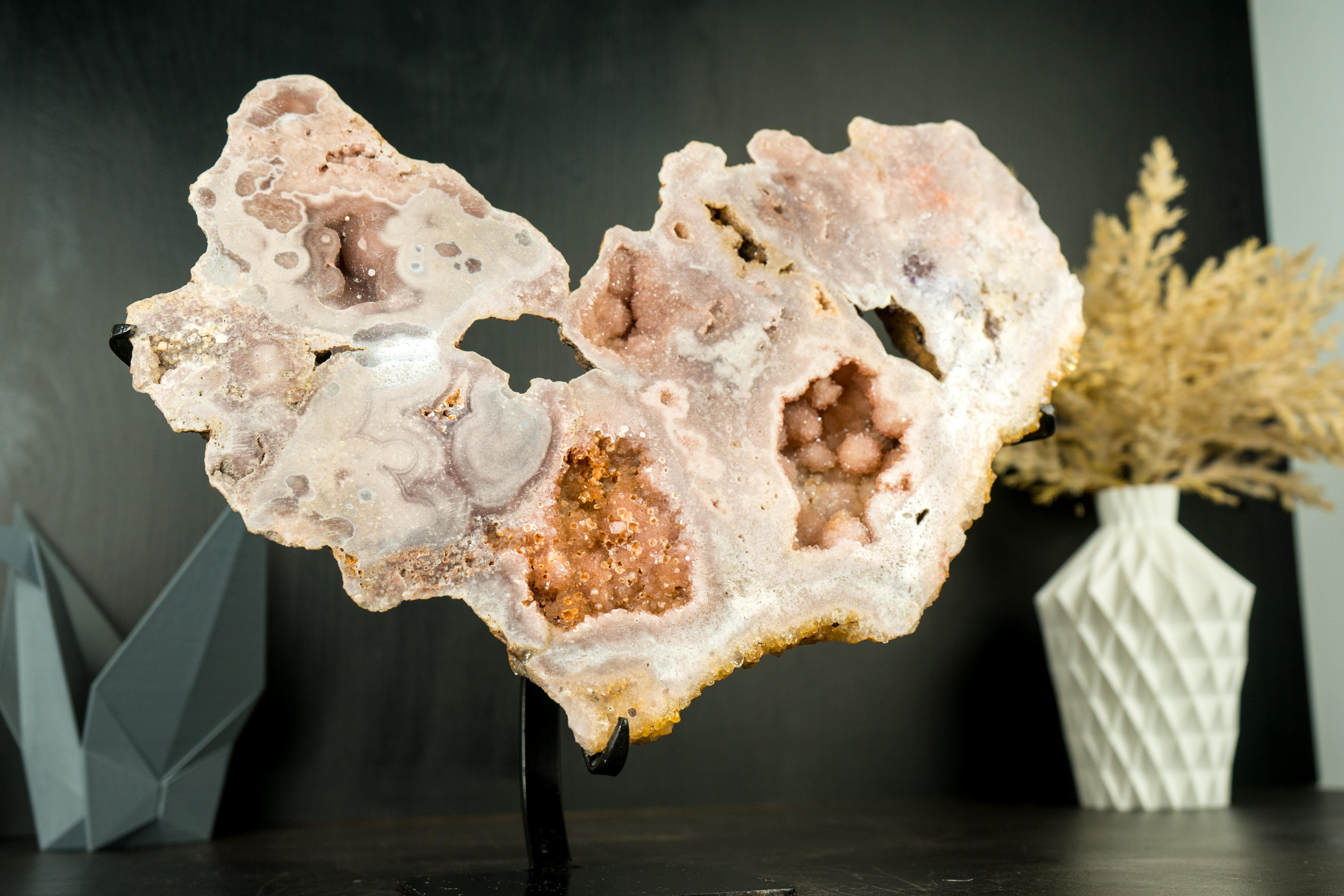 Pink Amethyst Geode Slab with Sculptural Pink Amethyst Flowers and Druzy For Sale 7