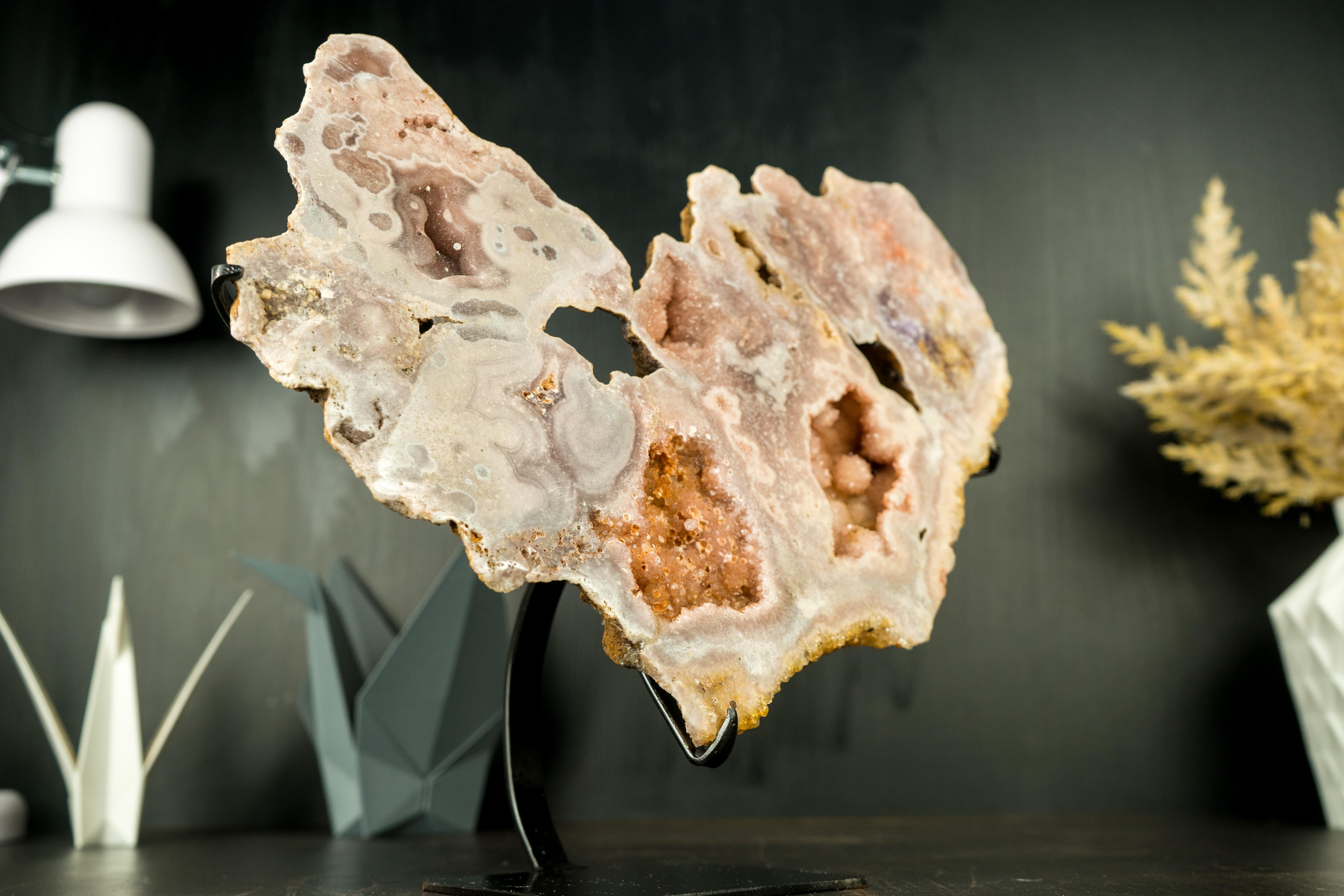 Hochwertige rosa Amethyst-Geodenscheibe mit Botroydal-Blüten und funkelndem Druzy

▫️Description

Eine rosafarbene Amethystgeodenscheibe weist seltene Merkmale auf, die durch ihre skulpturale Formation hervorgehoben werden. Mit seiner herrlichen