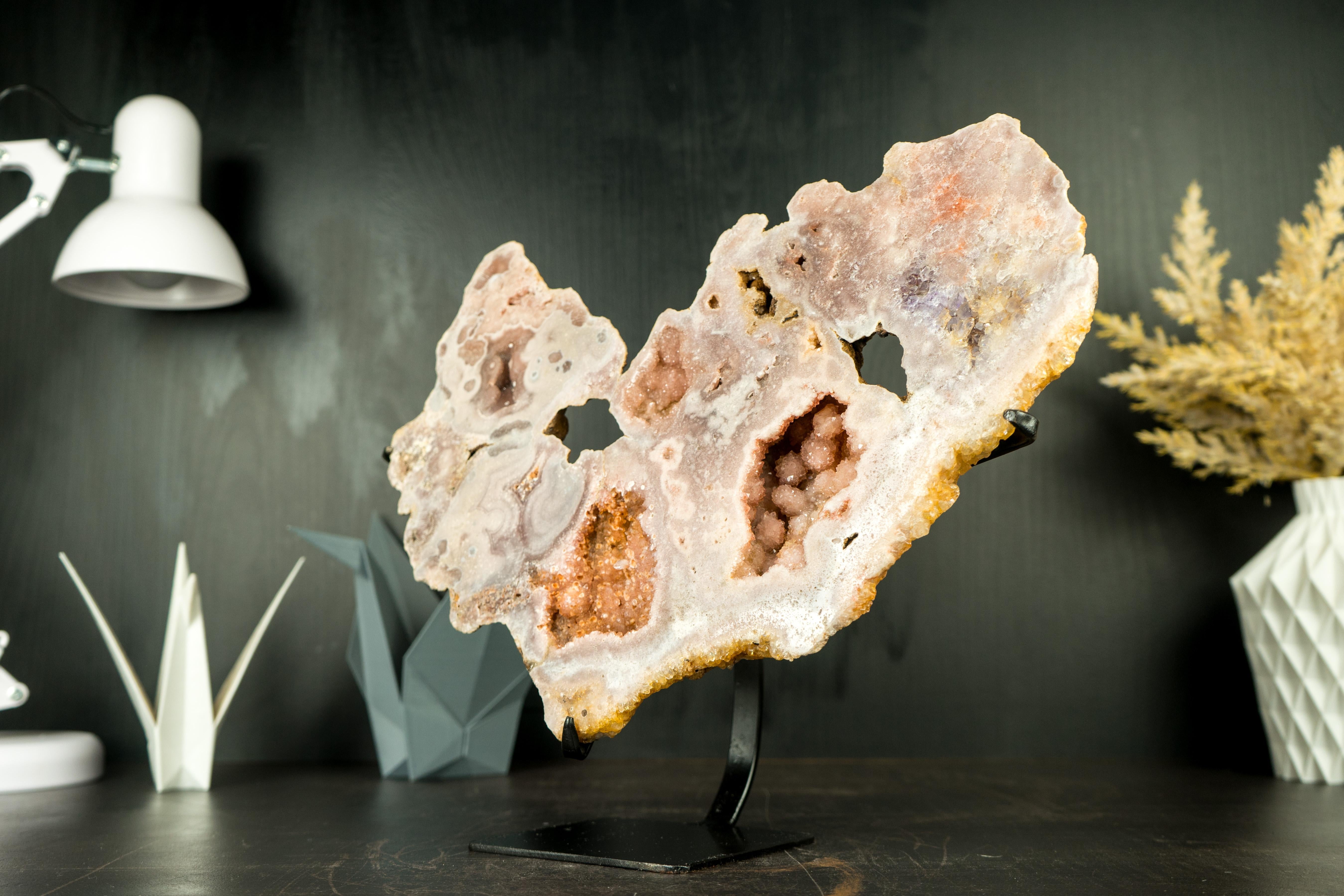Pink Amethyst Geode Slab with Sculptural Pink Amethyst Flowers and Druzy For Sale 1