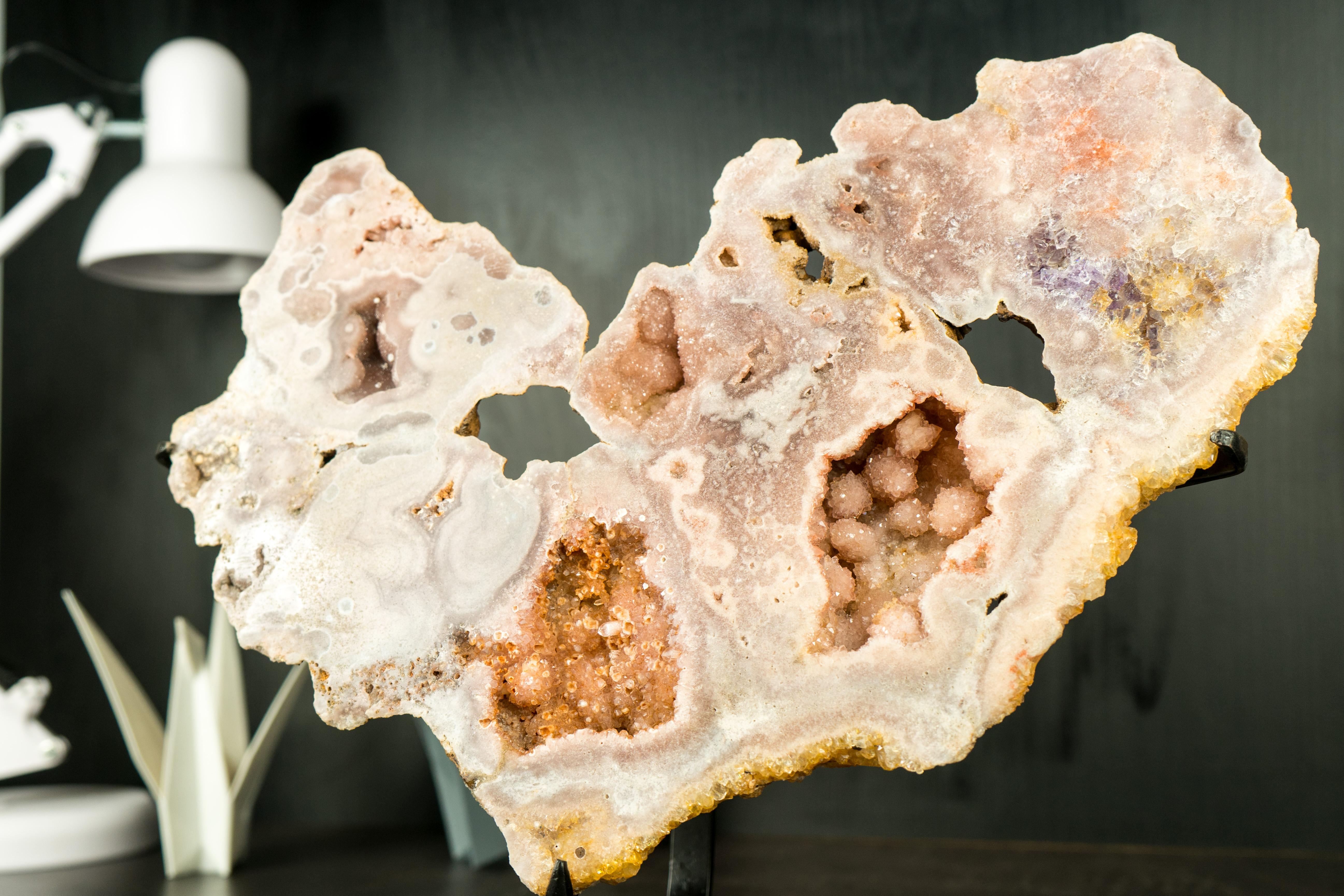 Pink Amethyst Geode Slab with Sculptural Pink Amethyst Flowers and Druzy For Sale 3