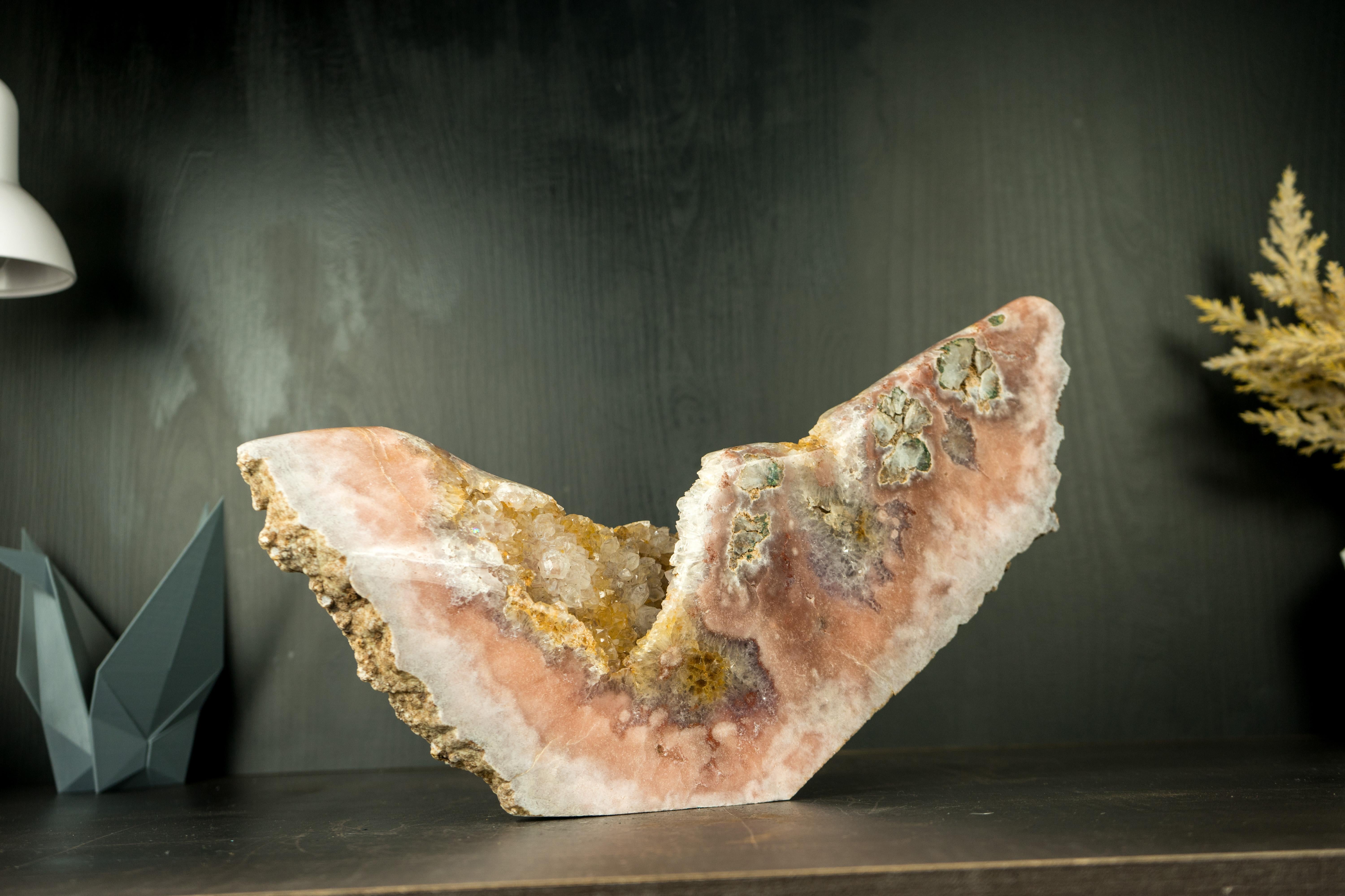 Pink Amethyst Geode with a Natural Sculpture of an Abstract Wing, Natural Art For Sale 4