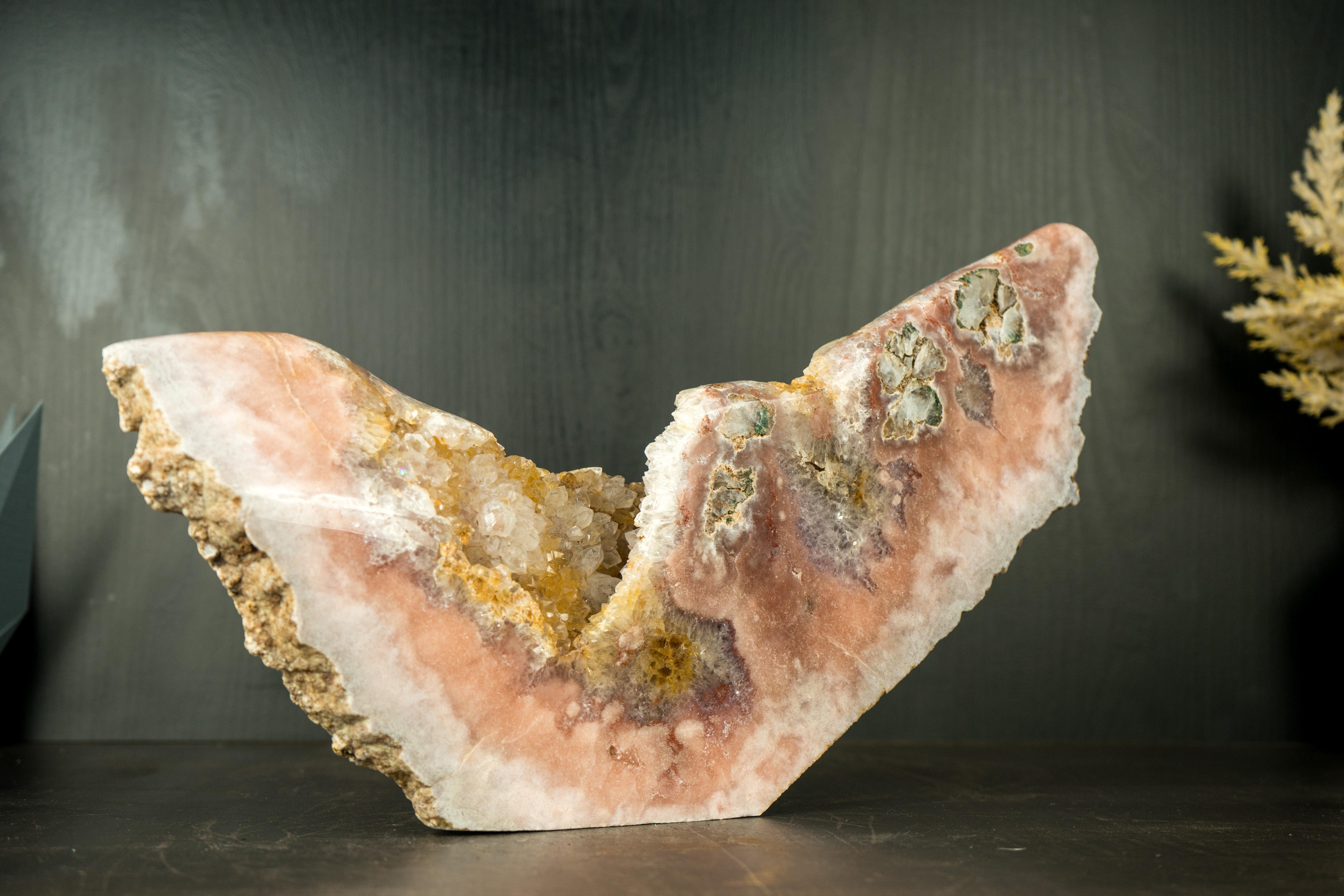 Pink Amethyst Geode with a Natural Sculpture of an Abstract Wing, Natural Art For Sale 5