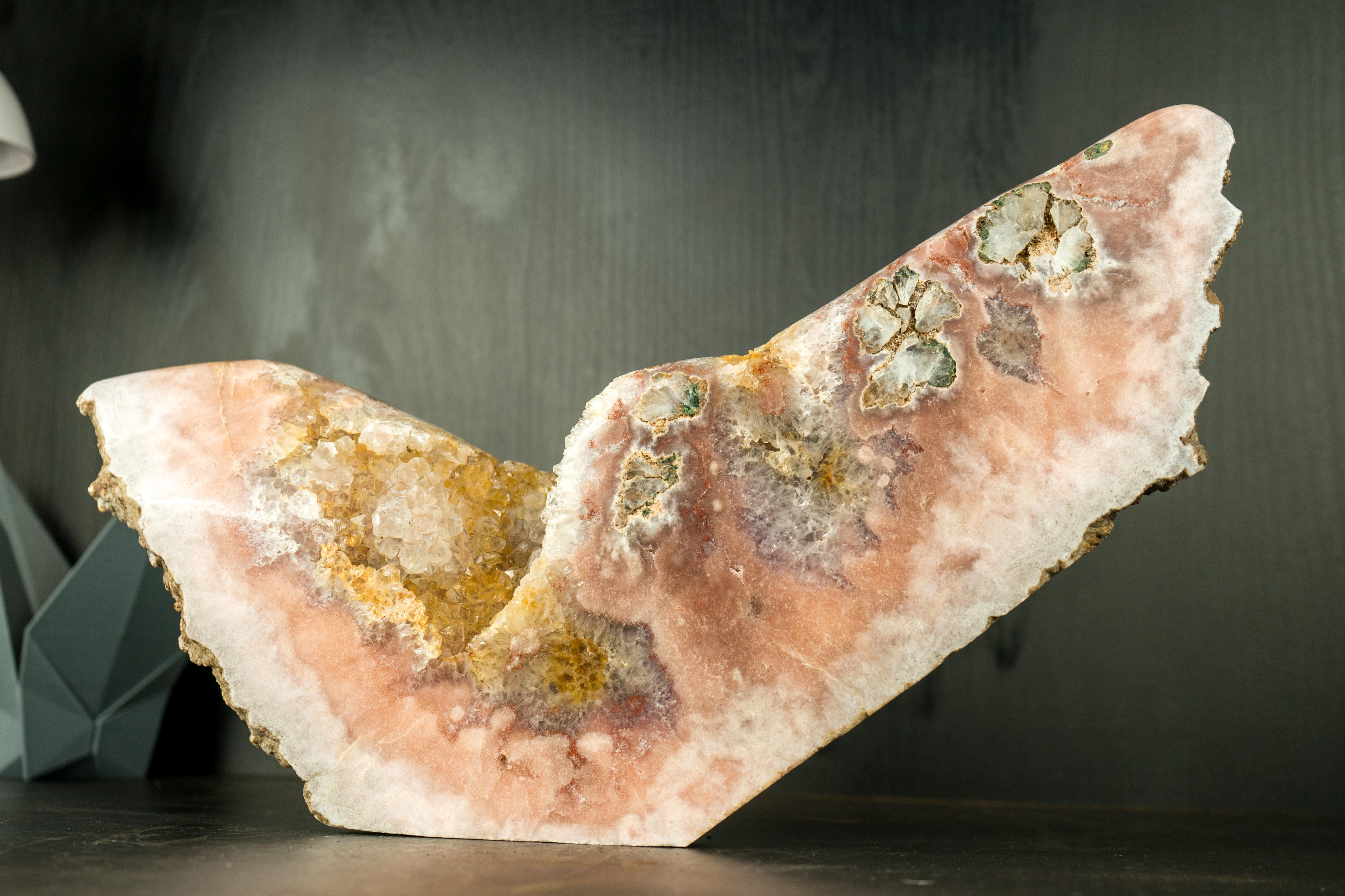 Pink Amethyst Geode with a Natural Sculpture of an Abstract Wing, Natural Art For Sale 6