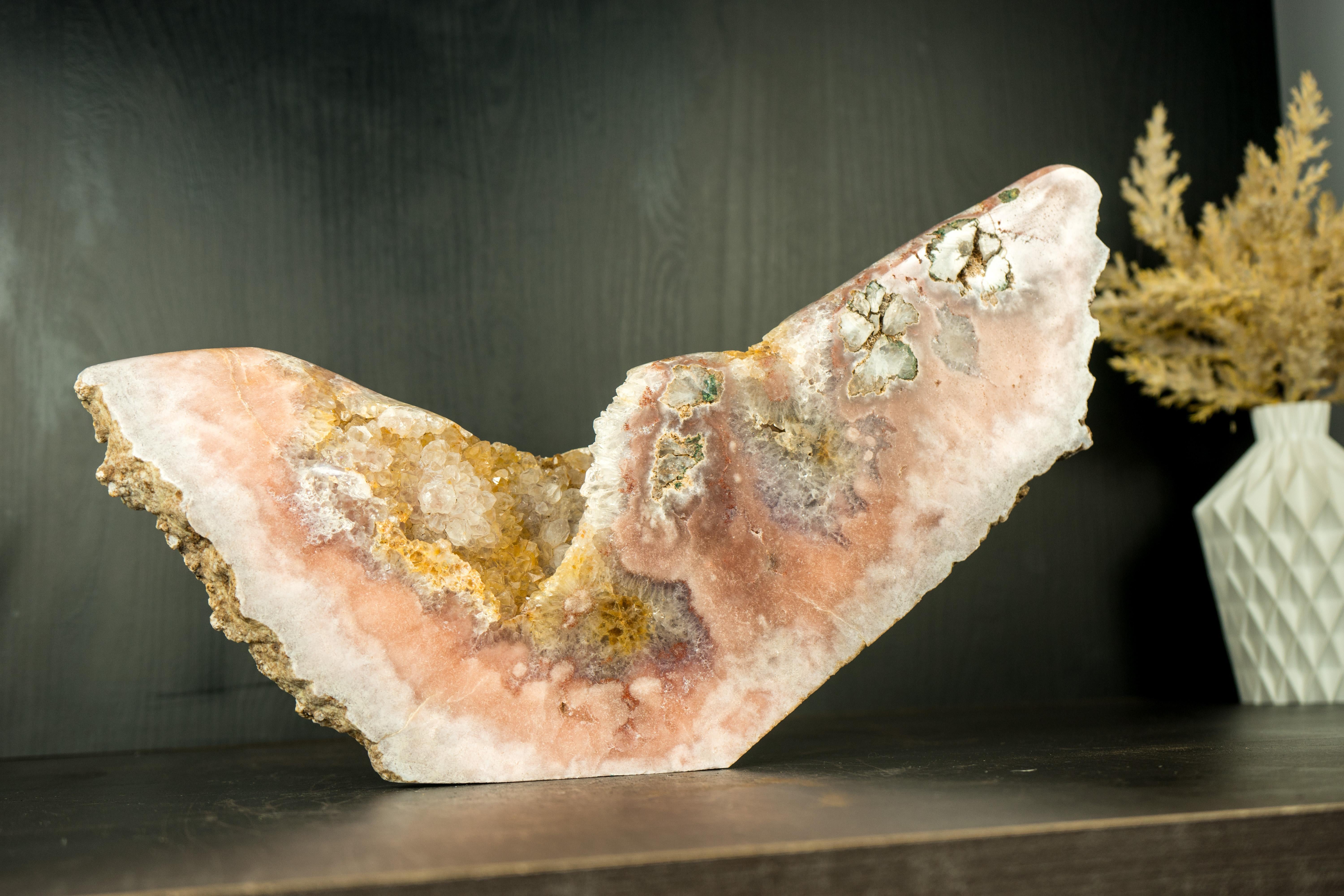 Pink Amethyst Geode with a Natural Sculpture of an Abstract Wing, Natural Art For Sale 7