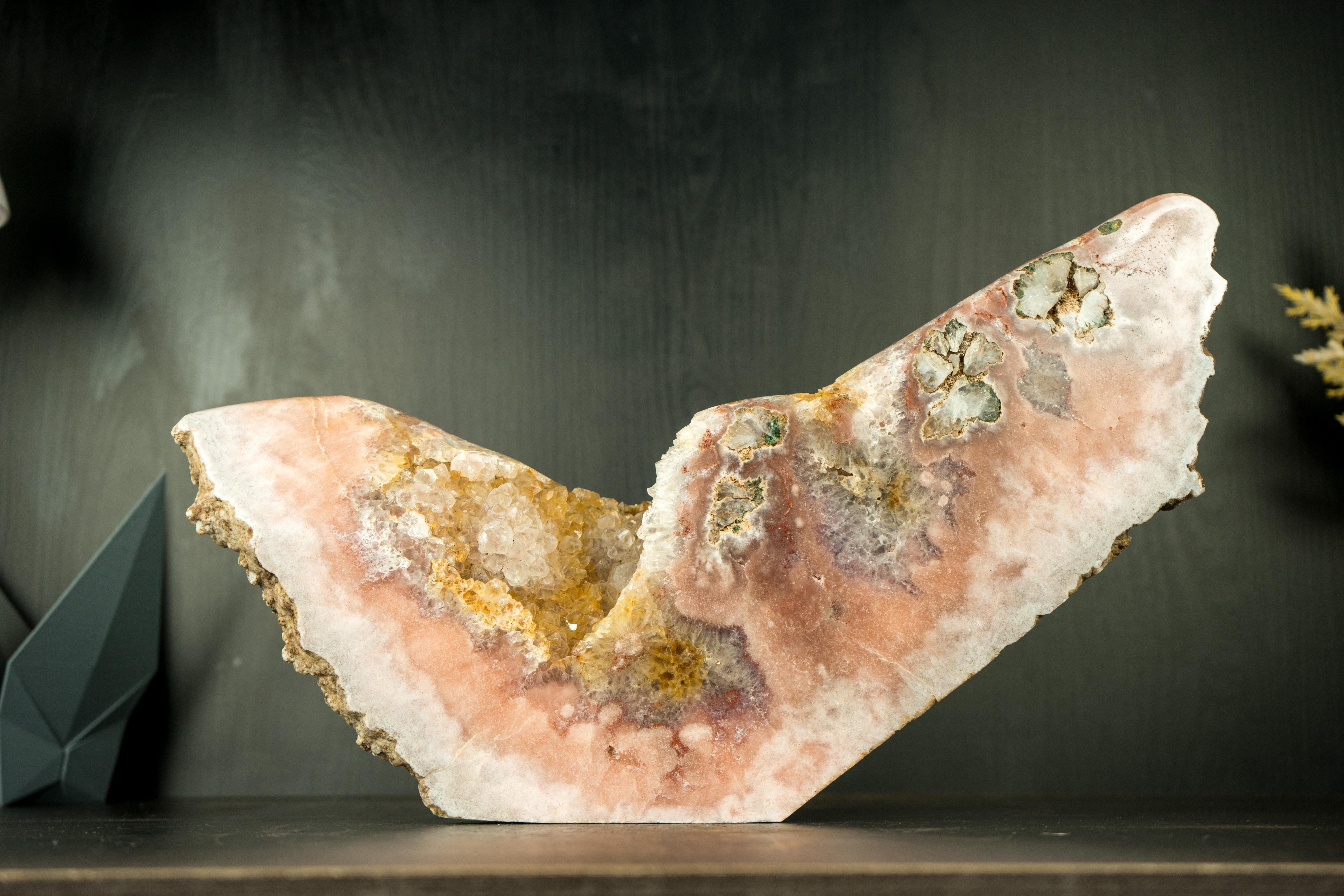 Pink Amethyst Geode with a Natural Sculpture of an Abstract Wing, Natural Art For Sale 8