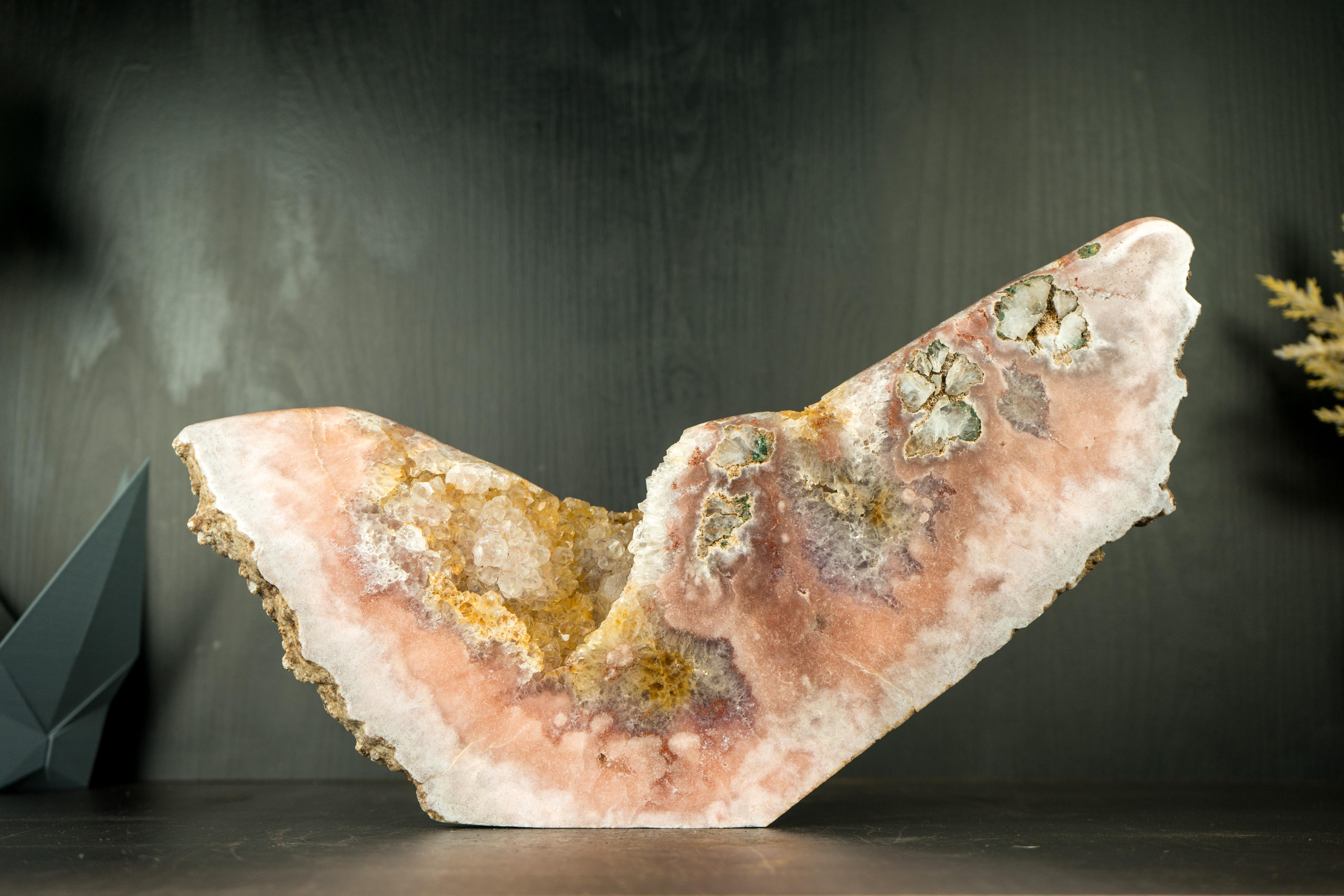 Pink Amethyst Geode with a Natural Sculpture of an Abstract Wing, Natural Art For Sale 9