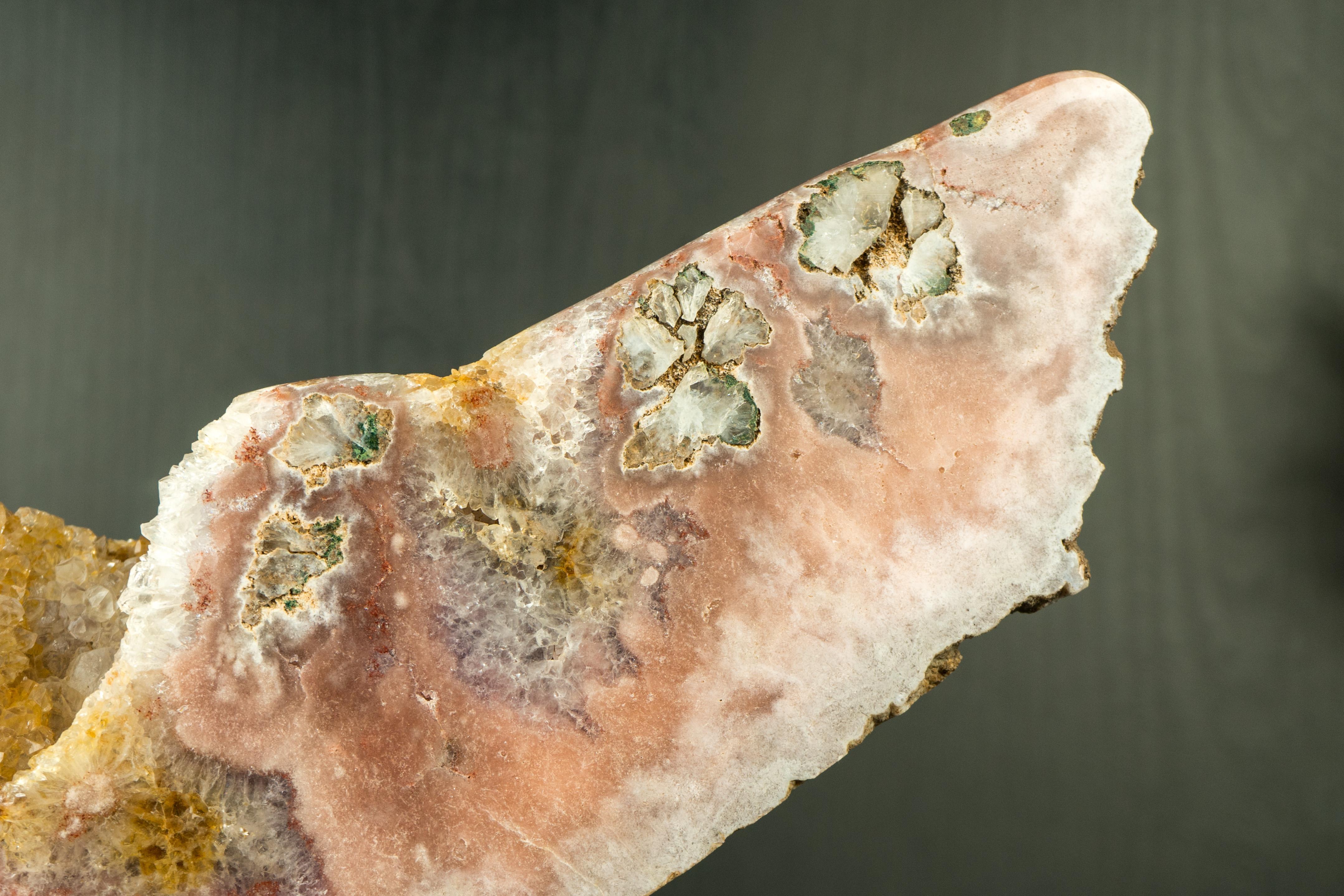 Brazilian Pink Amethyst Geode with a Natural Sculpture of an Abstract Wing, Natural Art For Sale