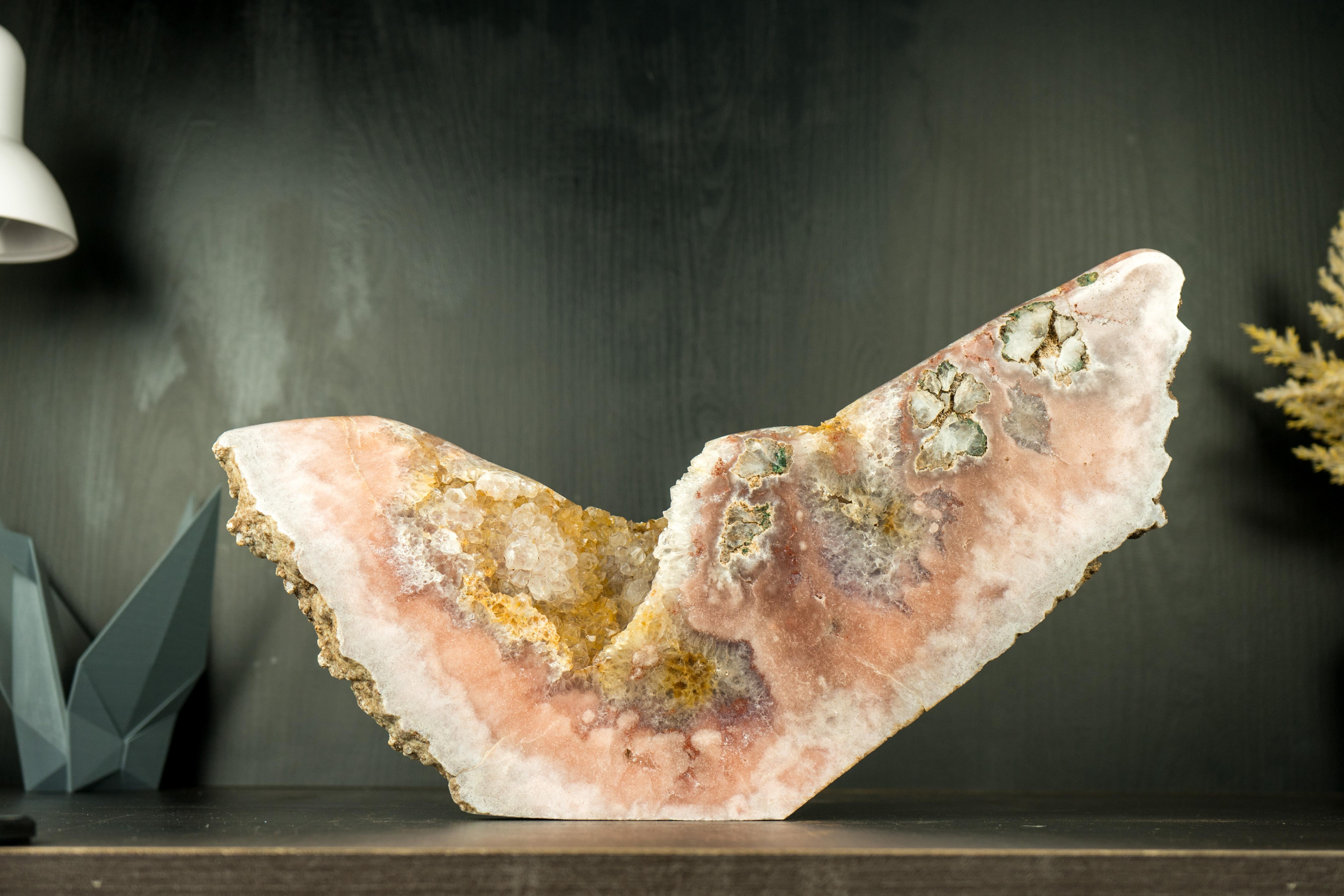 Contemporary Pink Amethyst Geode with a Natural Sculpture of an Abstract Wing, Natural Art For Sale