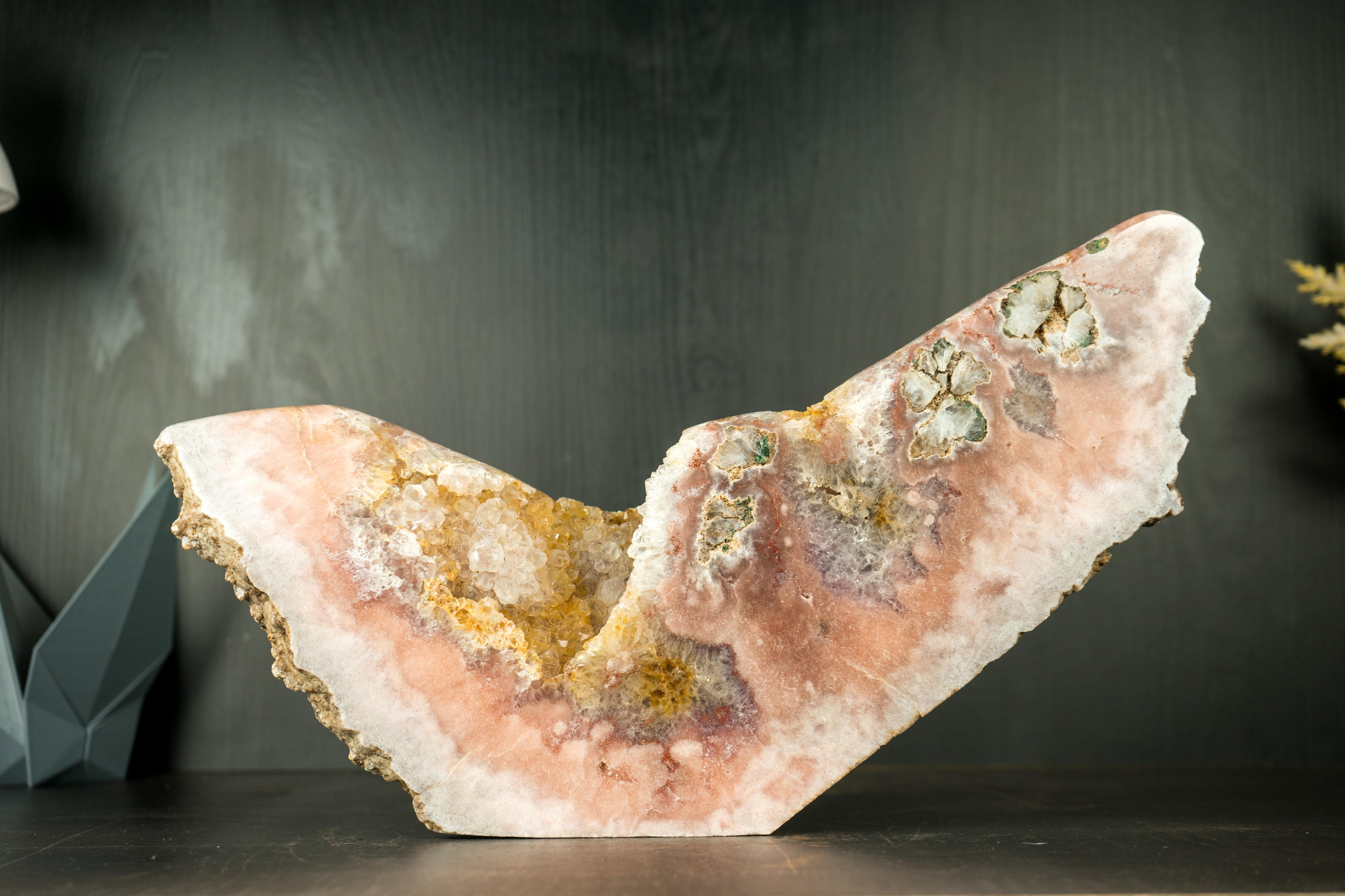 Agate Pink Amethyst Geode with a Natural Sculpture of an Abstract Wing, Natural Art For Sale