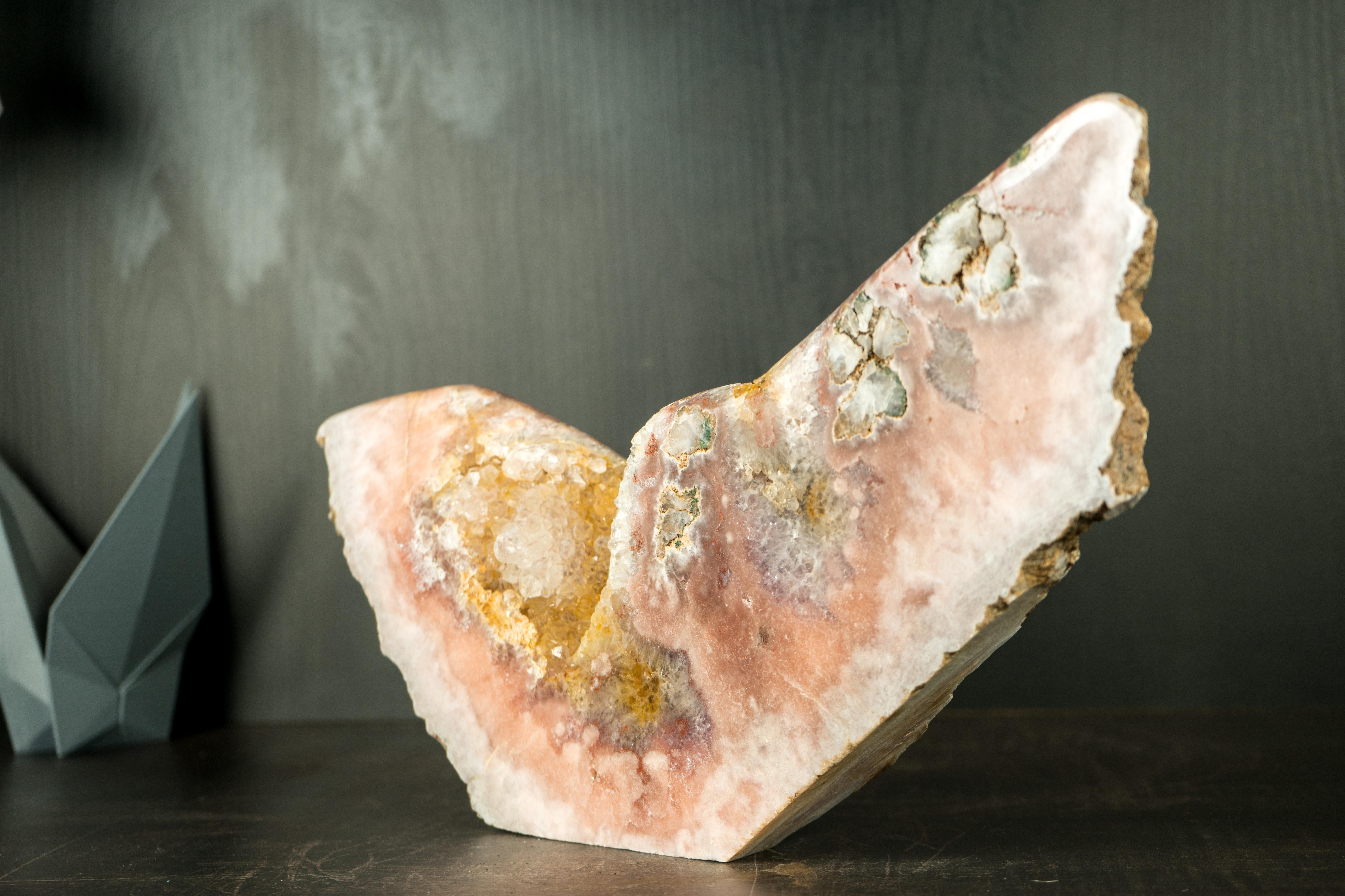 Pink Amethyst Geode with a Natural Sculpture of an Abstract Wing, Natural Art For Sale 1